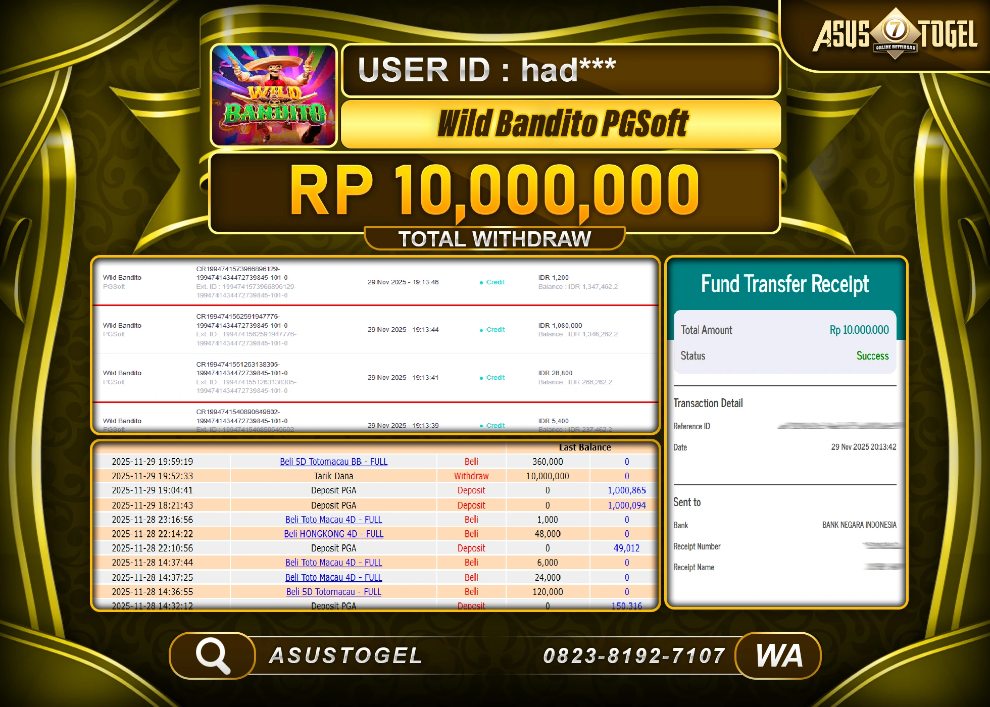 ASUSTOGEL KEMENANGAN DI SLOT WILD BANDITO PGSOFT SEBESAR 10,000,000 - RUPIAH LUNAS
