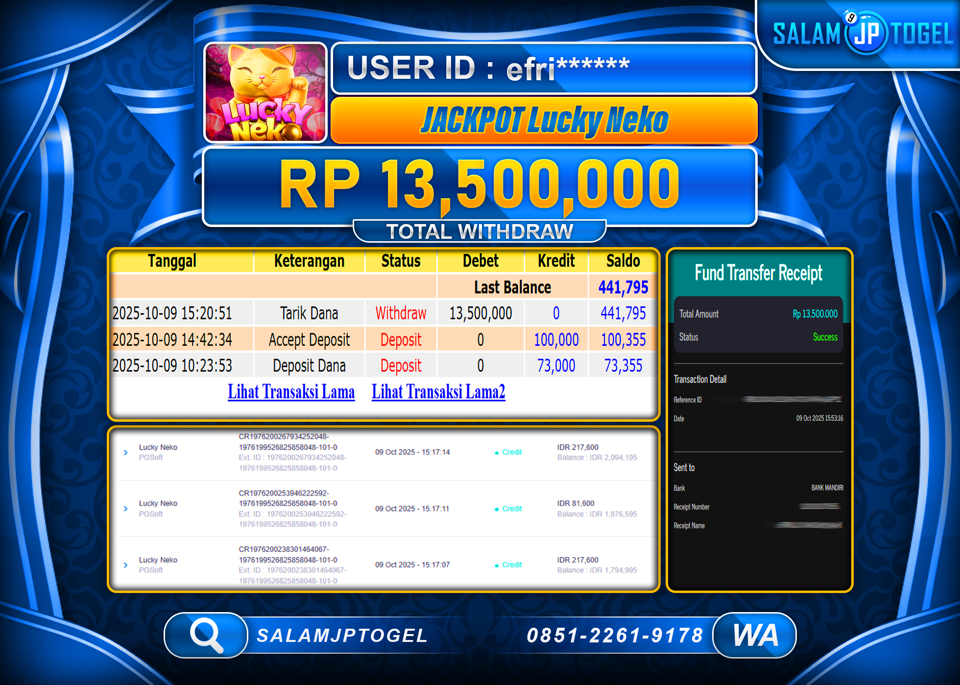 SALAMJPTOGEL MENANG GAME LUCKY NEKO RP. 13,500,000, - LUNAS