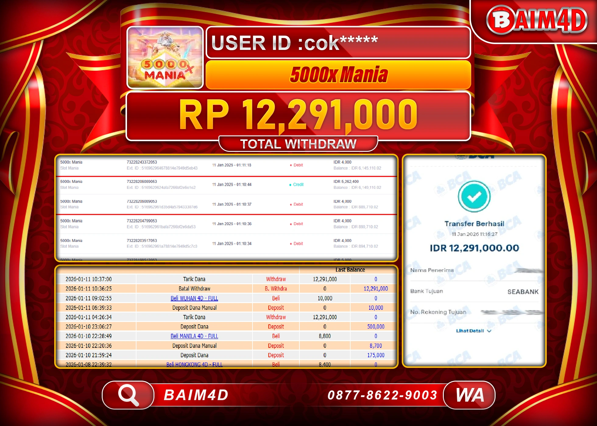 BAIM4D JACKPOT SLOT 500 X MANIA Rp.12,291,000 - LUNAS