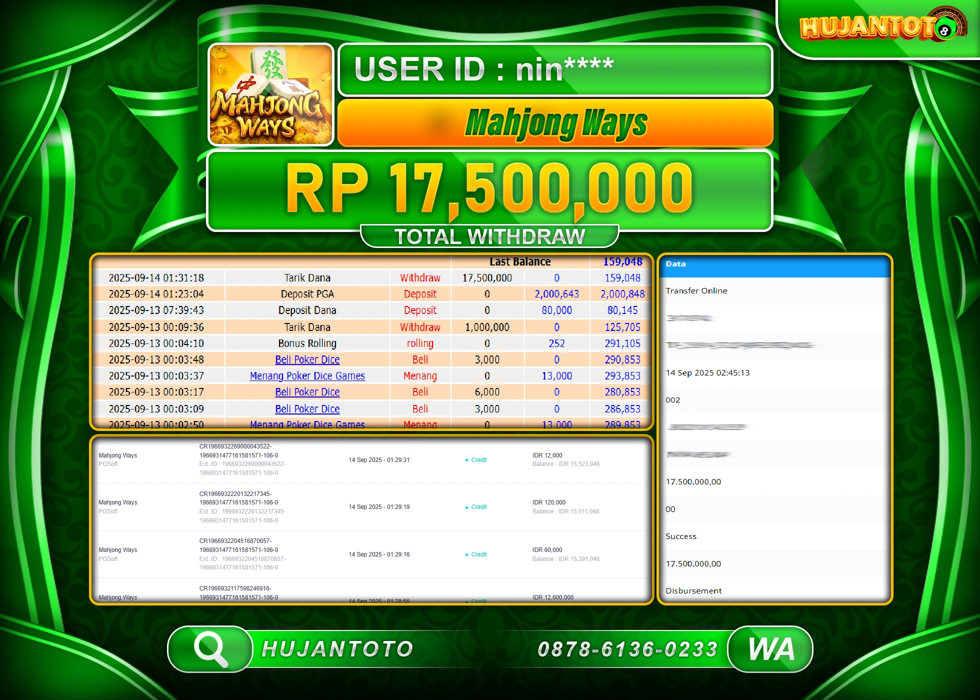 HUJANTOTO - BUKTI JACKPOT MENANG SLOT MAHJONG WAYS  Rp.17,500,000 - TERBAYAR LUNAS