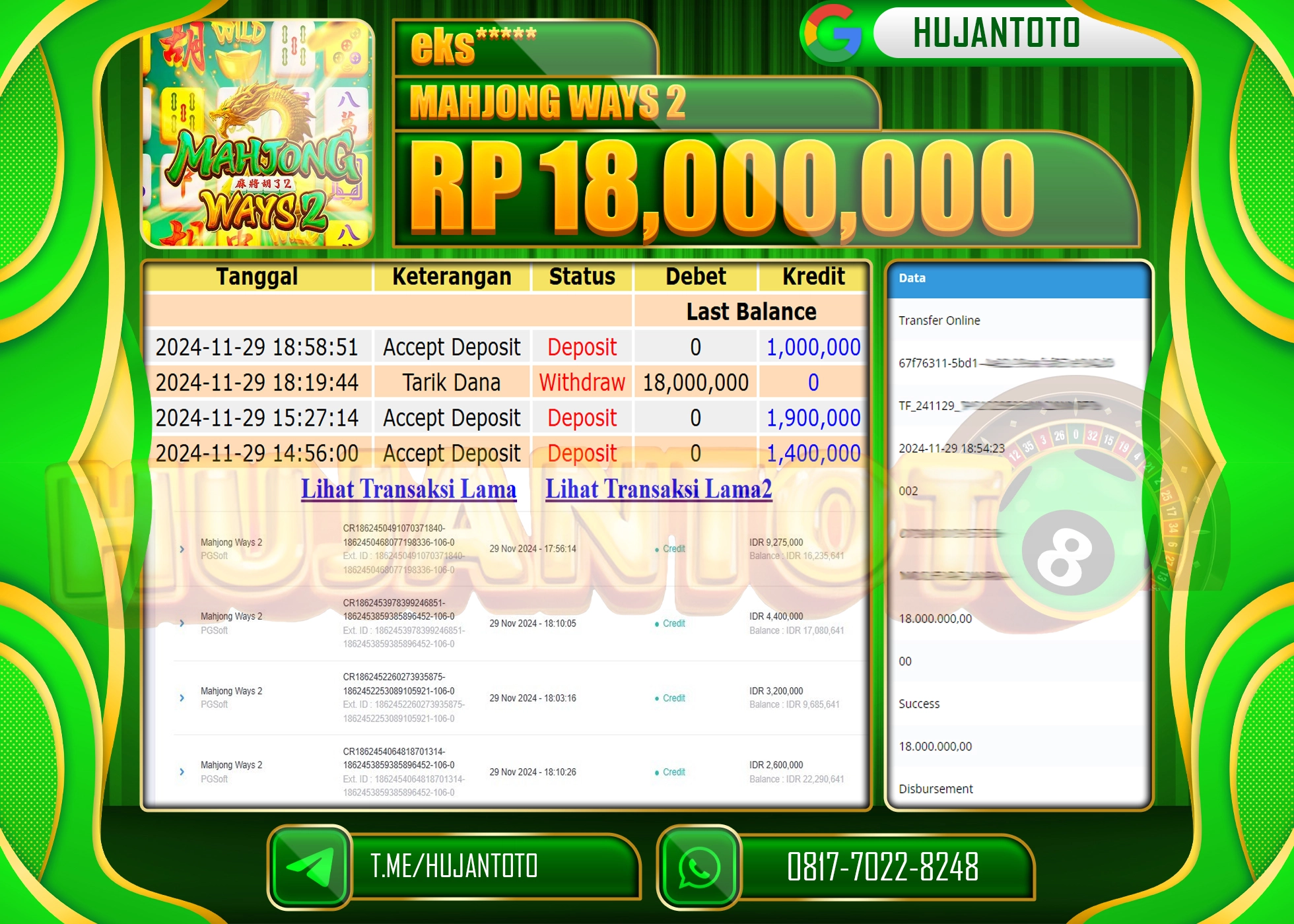 HUJANTOTO KEMENANGAN JACKPOT  BESAR DI RAIH DI SLOT MAHJONG WAYS 2 -SEBESAR 18,000,000 - LUNAS