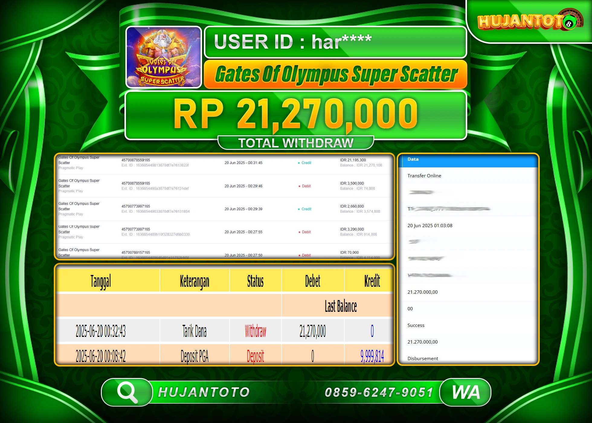 HUJANTOTO - BUKTI JACKPOT MENANG SLOT GATES OF OLYMPUS SUPER SCATTER  Rp.21,270,000 - TERBAYAR LUNAS