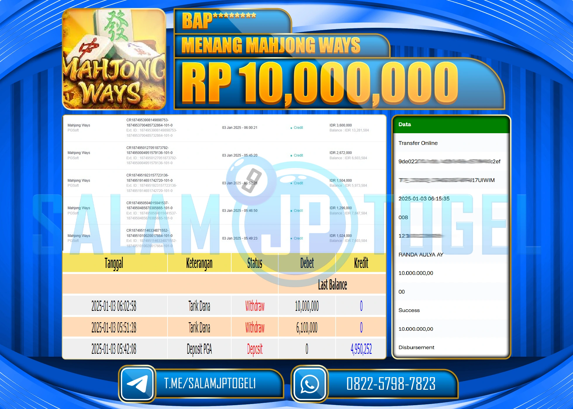 SALAMJPTOGEL MENANG SLOT MAHJONG WAYS PG SOFT Rp.10,000,000 LUNAS