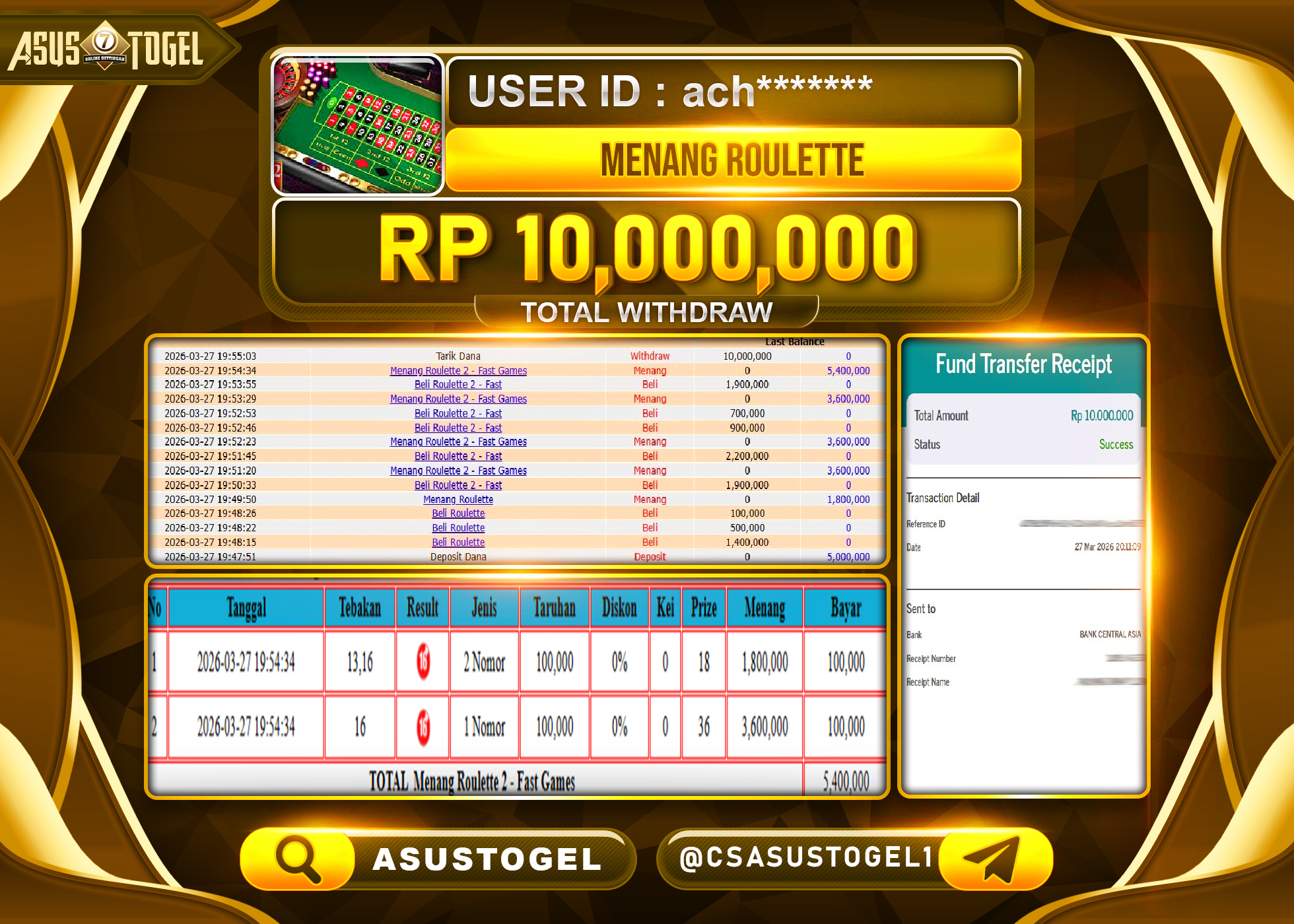 ASUSTOGEL KEMENANGAN JACKPOT DI ROULLETTE PRAGMATIC PLAY  Rp.10,000,000 - RUPIAH LUNAS