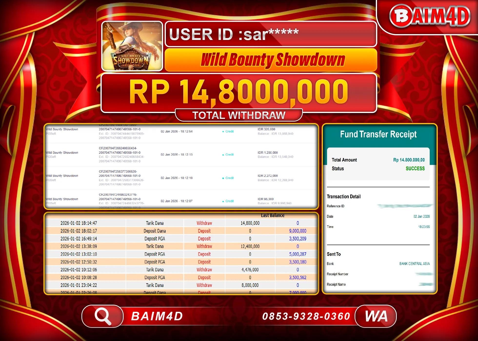 BAIM4D JACKPOT  SLOT WILD BOUNTYSHOWDOWN Rp.14,800,000 - LUNAS