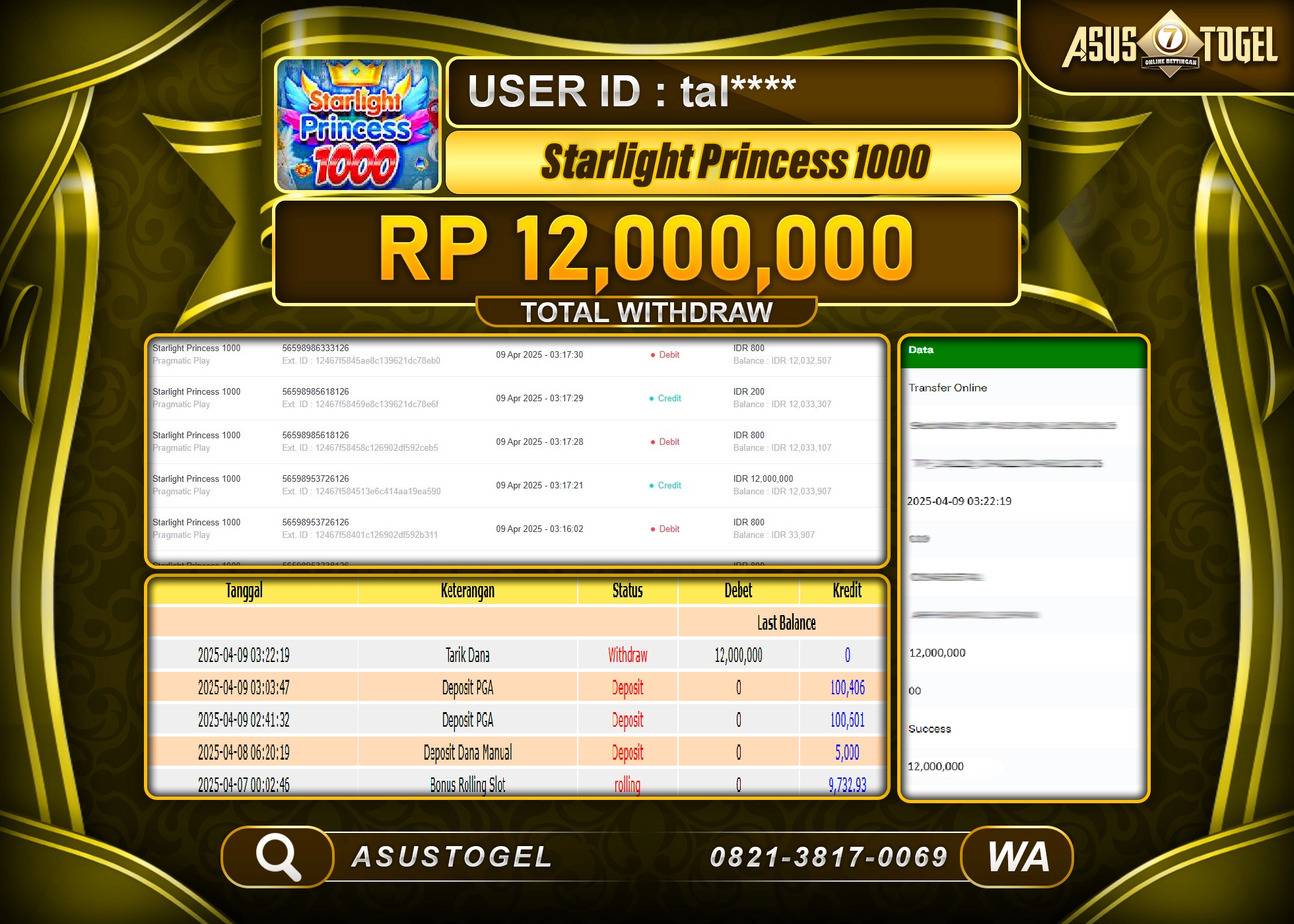 ASUSTOGEL KEMENANGAN DI SLOT STARLIGHT PRINCESS 1000 SEBESAR 12,000,000- RUPIAH LUNAS