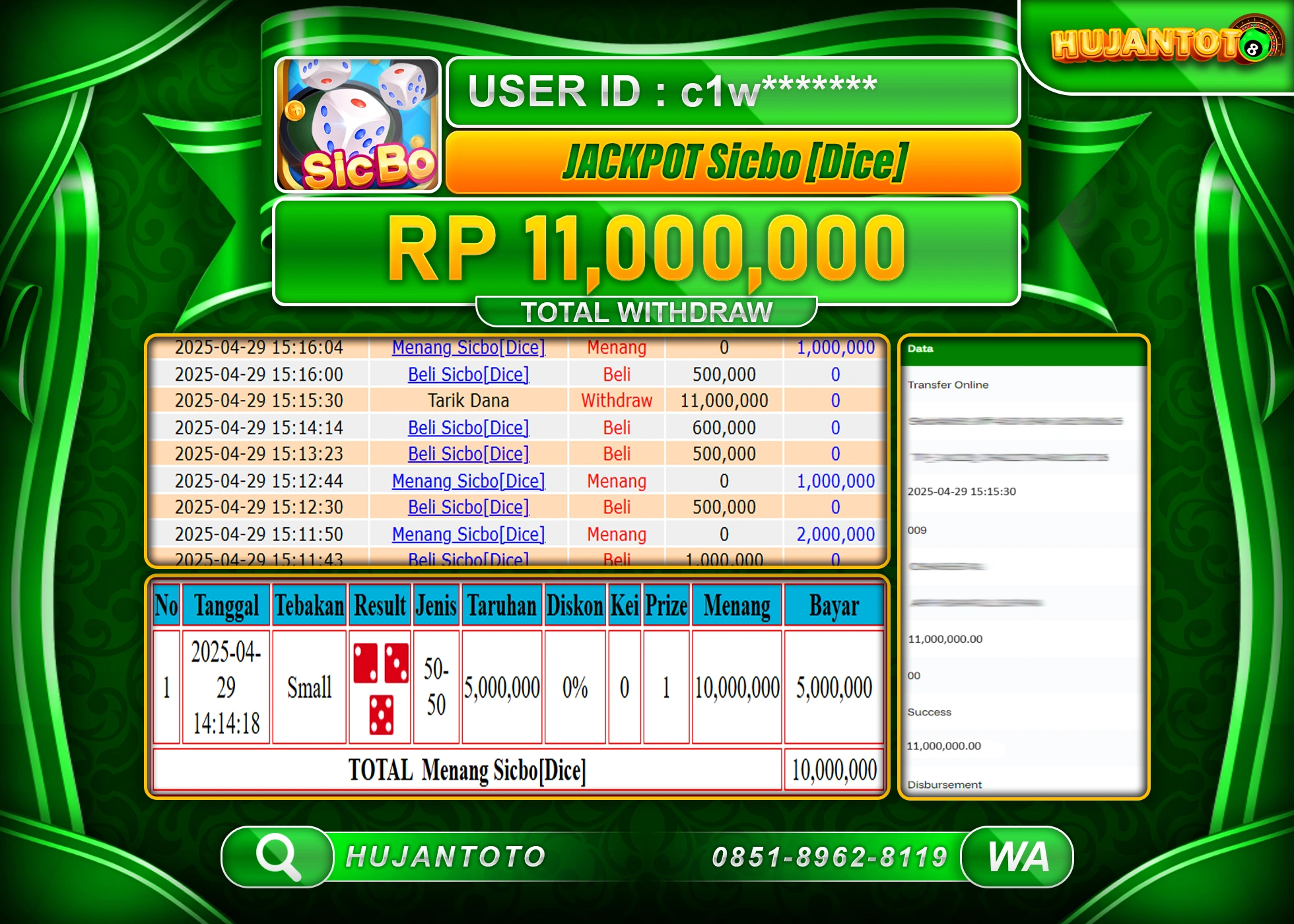 JUDUL HUJANTOTO - BUKTI JACKPOT MENANG LIVEGAMES SICBO DICE Rp,11,000,000 - TERBAYAR LUNAS