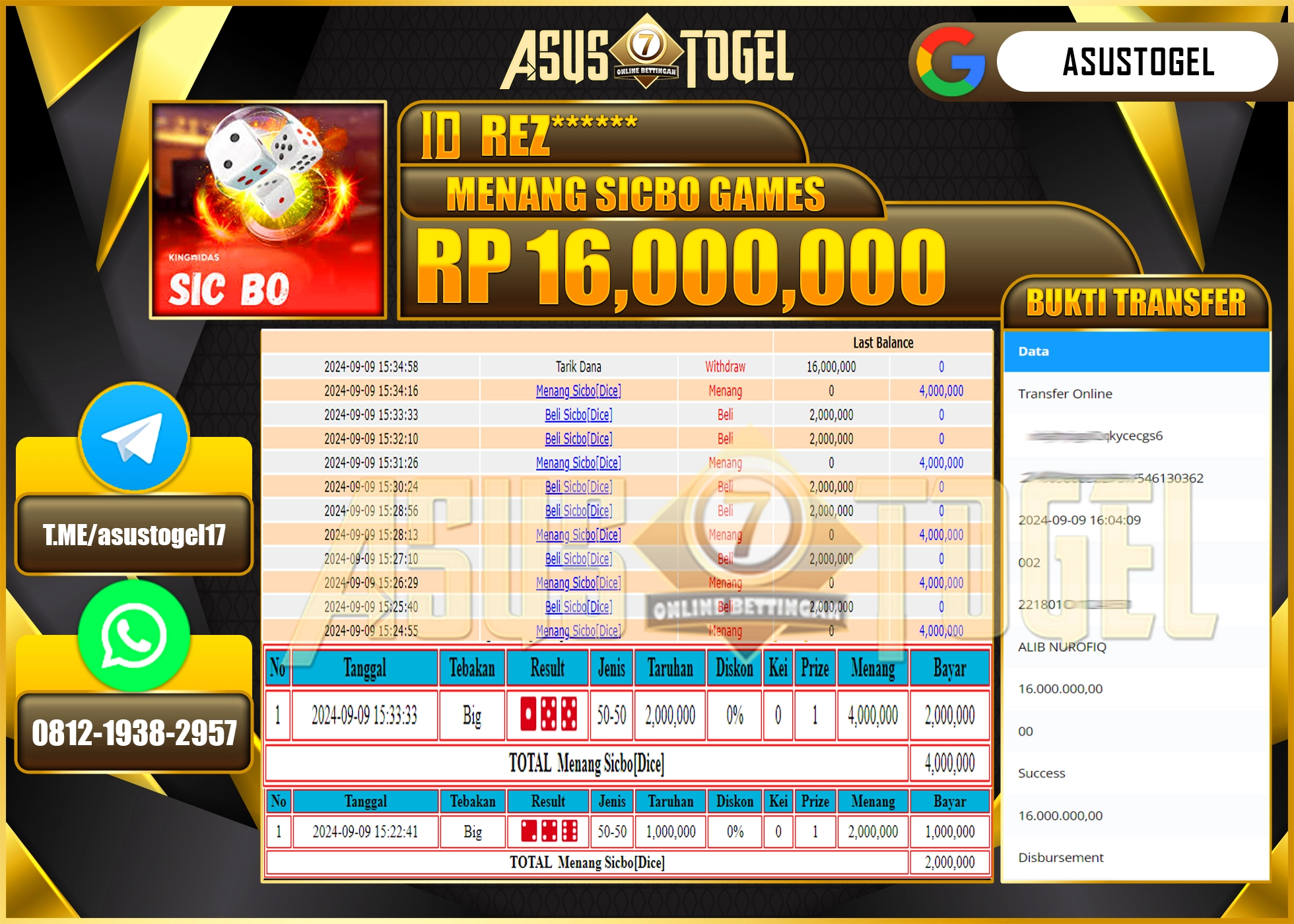 ASUSTOGEL KEMENANGAN DI LIVEGAME SICBO GAMES SEBESAR 16,000,000- RUPIAH LUNAS