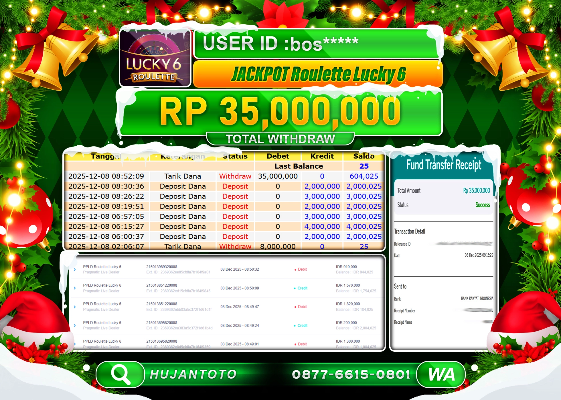 HUJANTOTO - BUKTI JACKPOT MENANG LIVE ROULETTE LUCKY 6 Rp.35,000,000 - TERBAYAR LUNAS