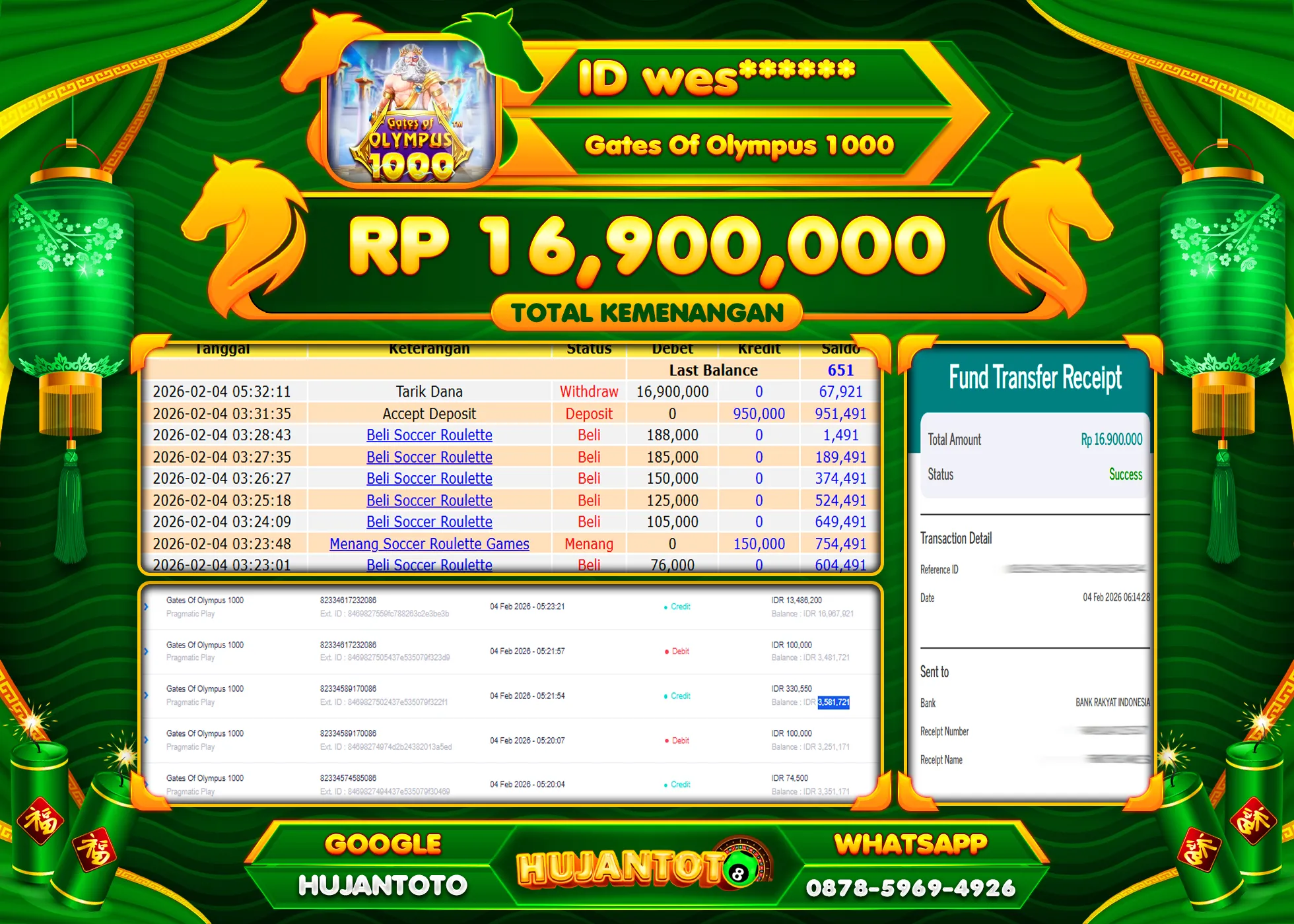 HUJANTOTO - BUKTI JACKPOT MENANG SLOT GATES  OF OLYMPUS 1000 Rp.16,900,000 - TERBAYAR LUNAS