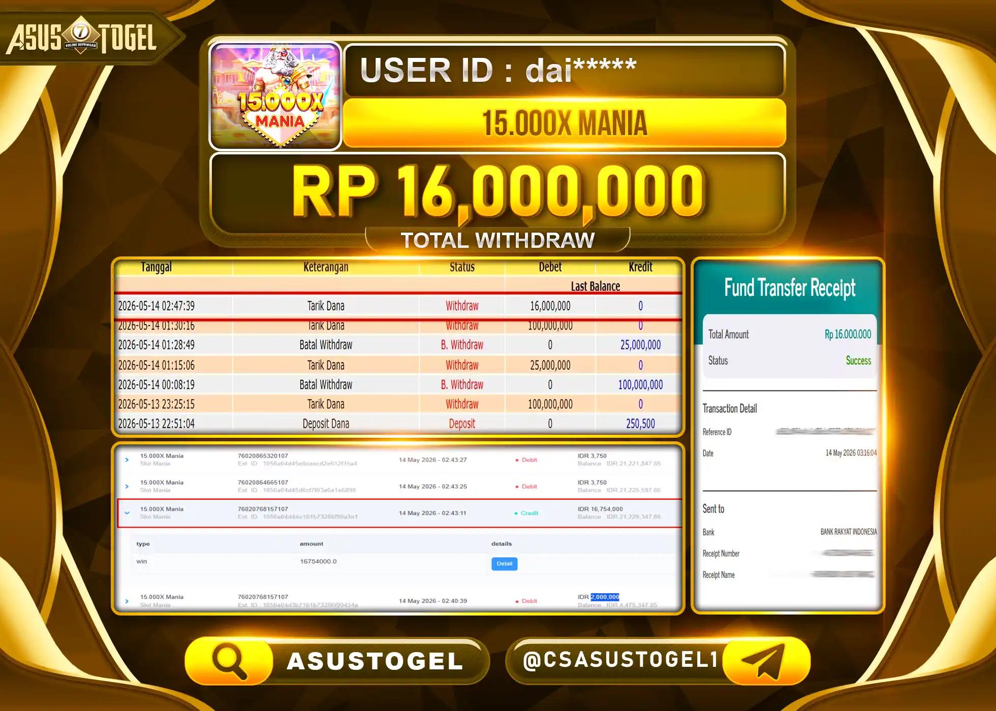 ASUSTOGEL KEMENANGAN JACKPOT DI PERMAINAN SLOT 15.000X MANIA  SEBESAR Rp.16,000,000 - RUPIAH LUNAS
