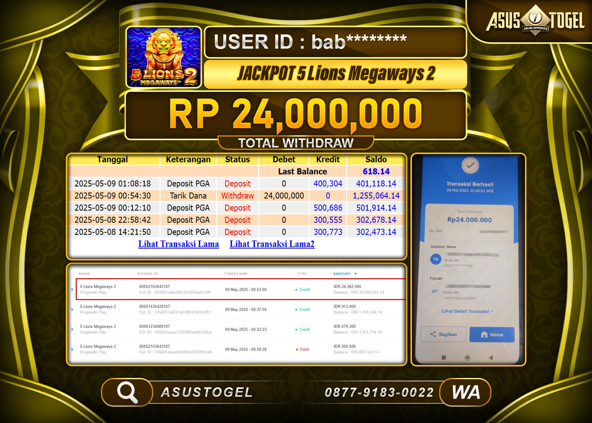 ASUSTOGEL KEMENANGAN DI SLOT 5 LIONS MEGAWAYS 2 SEBESAR 24,000,000- RUPIAH LUNAS