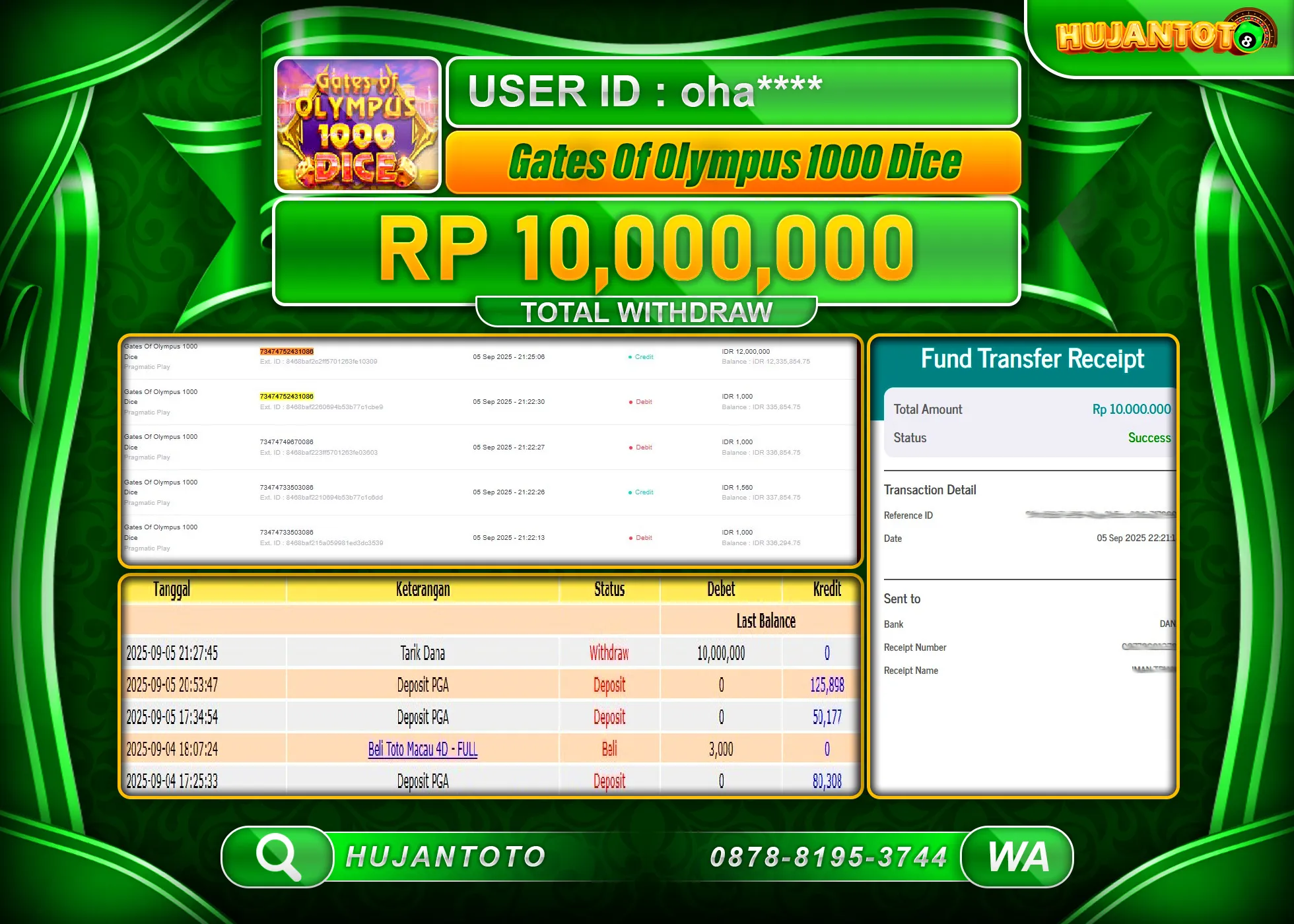 HUJANTOTO - BUKTI JACKPOT MENANG GASTES OF OLYMPUS 1000 DICE  Rp.10,000,000 - TERBAYAR LUNAS