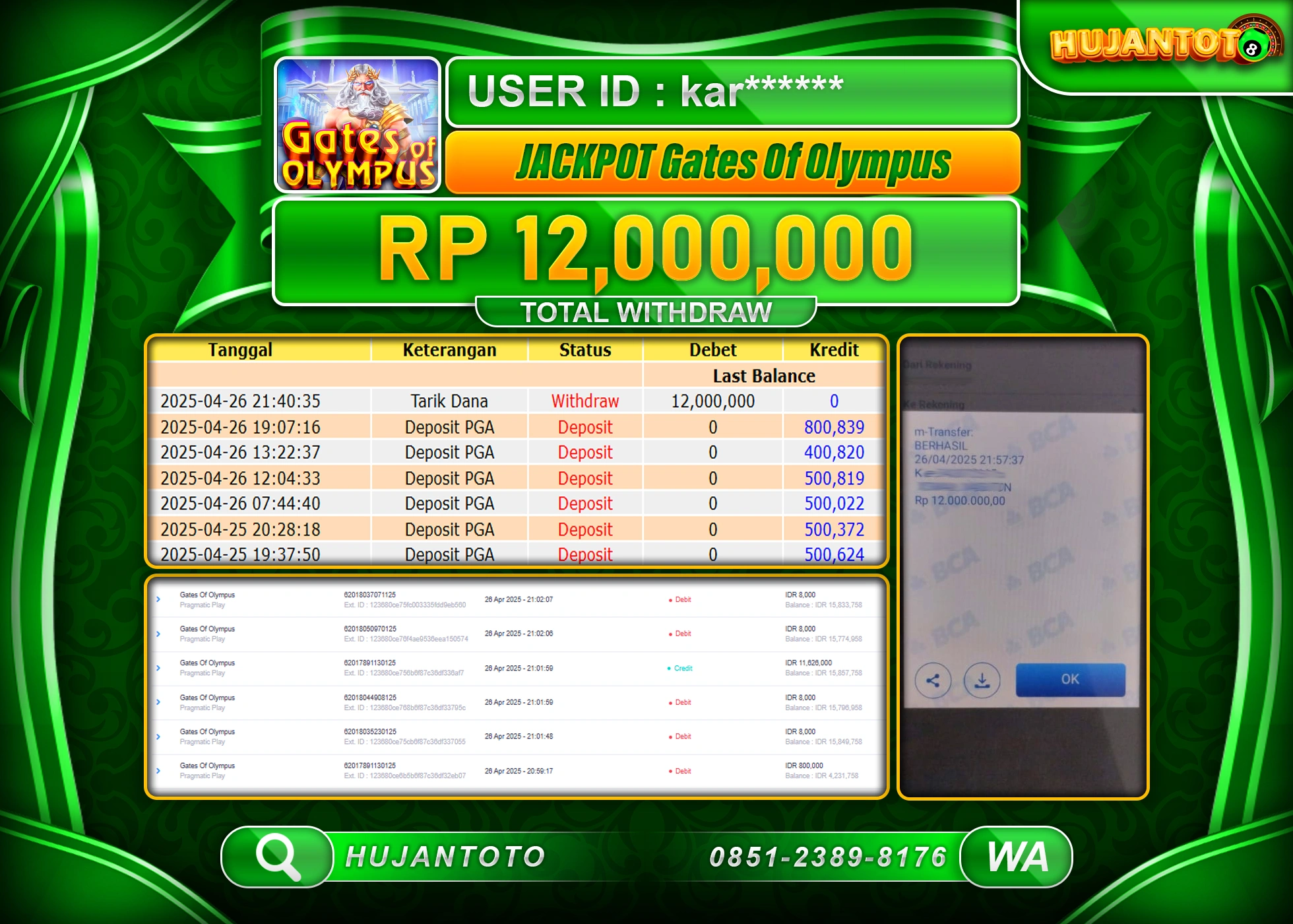 HUJANTOTO - BUKTI JACKPOT MENANG SLOT GATES OF OLYMPUS Rp,12,000,000 - TERBAYAR LUNAS