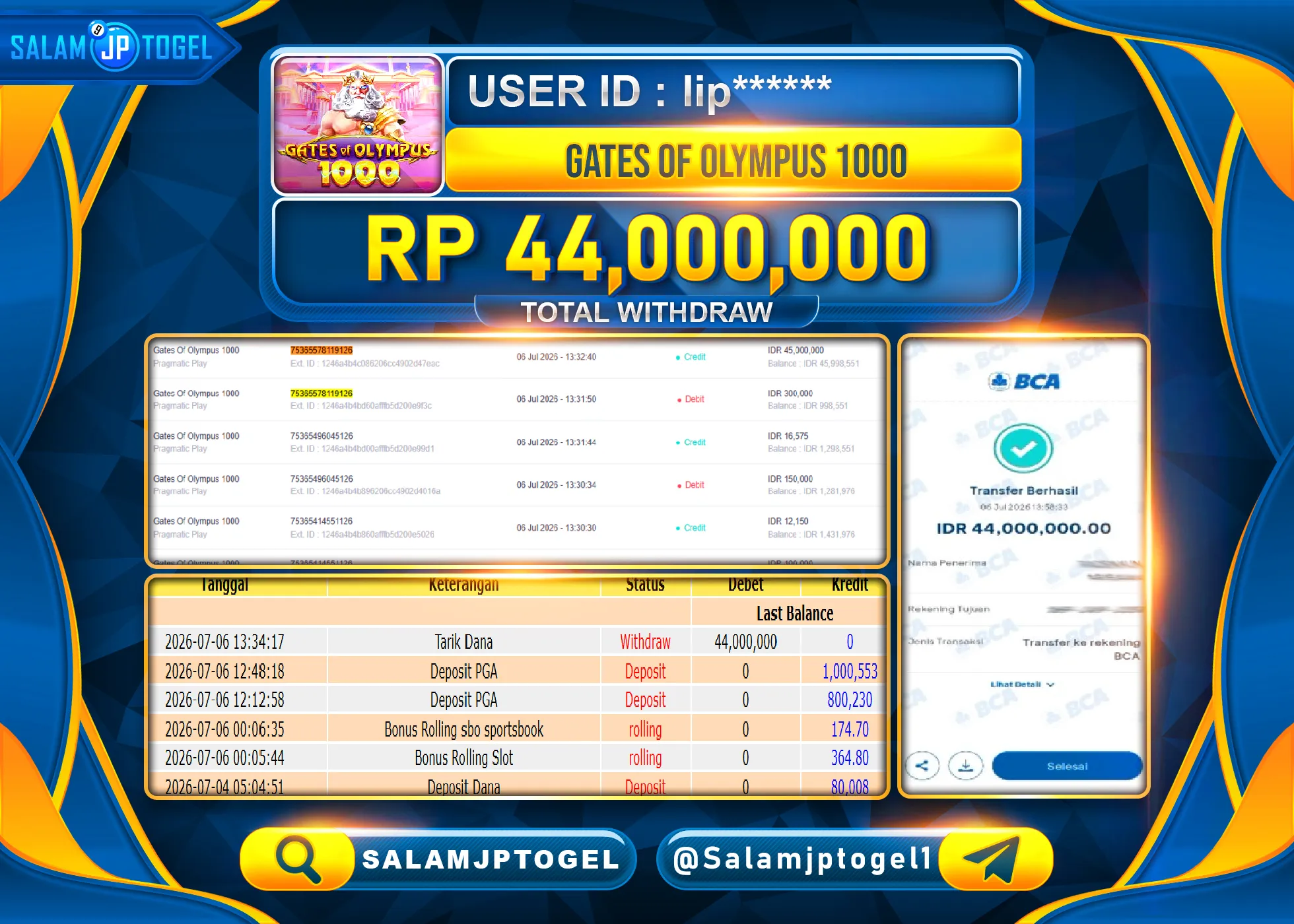 SALAMJPTOGEL Menang JACKPOT SLOT GATES OF OLYMPUS 1000 Rp.44,000,000 - LUNAS