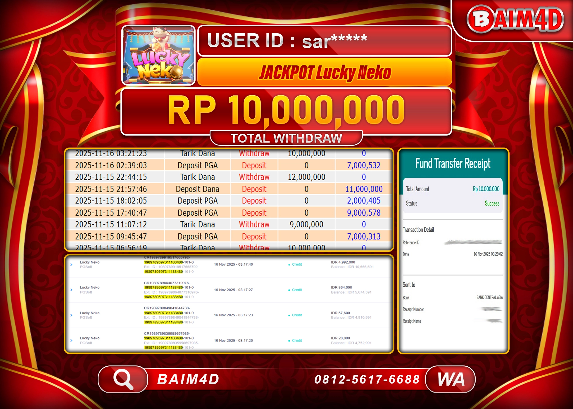 BAIM4D JACKPOT  SLOT LUCKY NEKO  PG SOFT Rp.10,000,000 - LUNAS