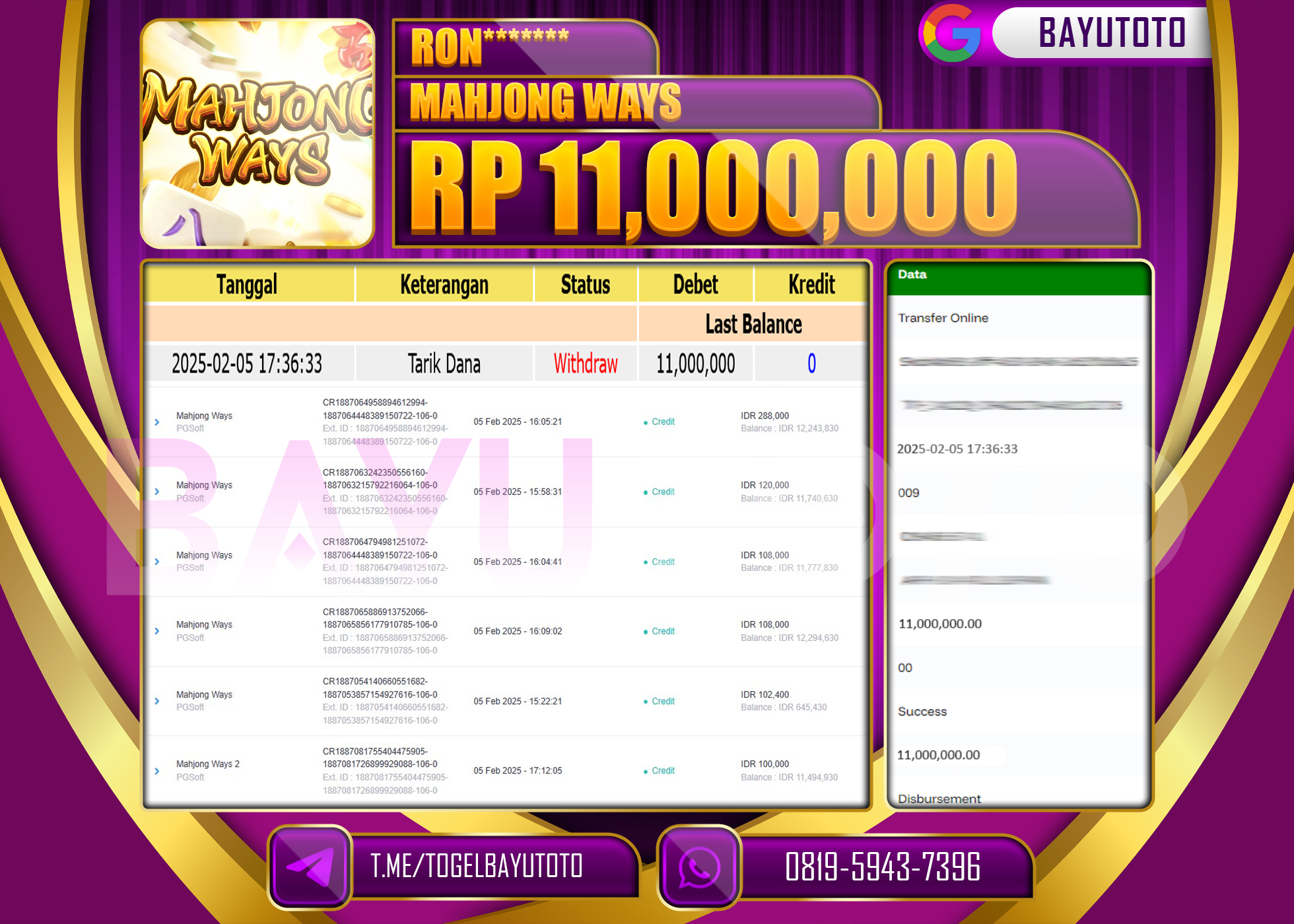 BAYUTOTO JACKPOT DI GAME MAHJONG WAYS PG SOFT Rp.11.000.000 LUNAS