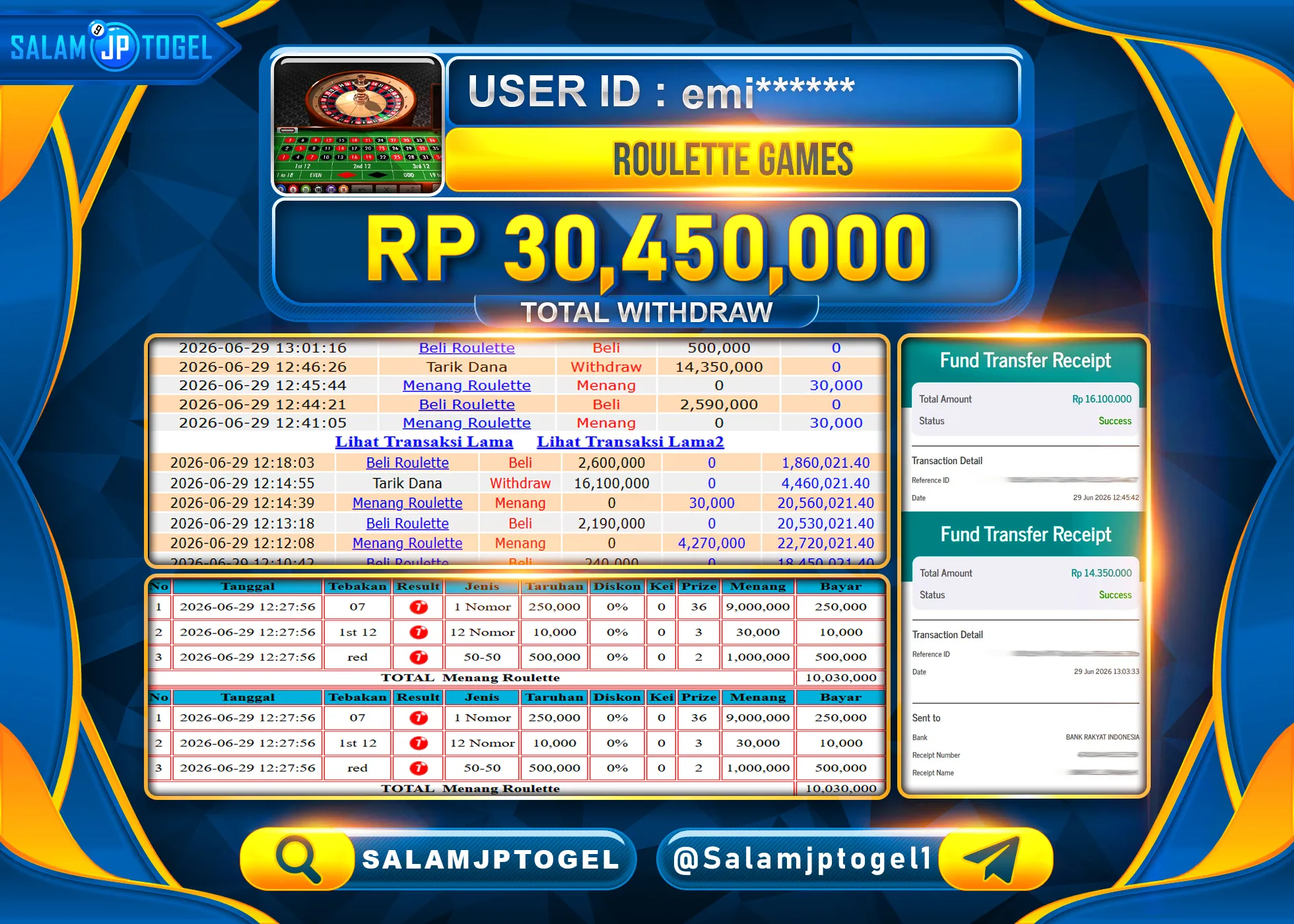 SALAMJPTOGEL Menang LIVE GAMES GACOR JACKPOT ROULETTE Rp.30,450,000- LUNAS