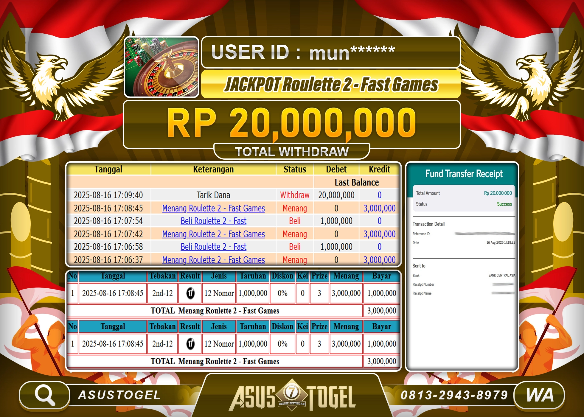 ASUSTOGEL KEMENANGAN DI LIVE RAULETTE 2-FAST GAMES SEBESAR 20,000,000- RUPIAH LUNAS