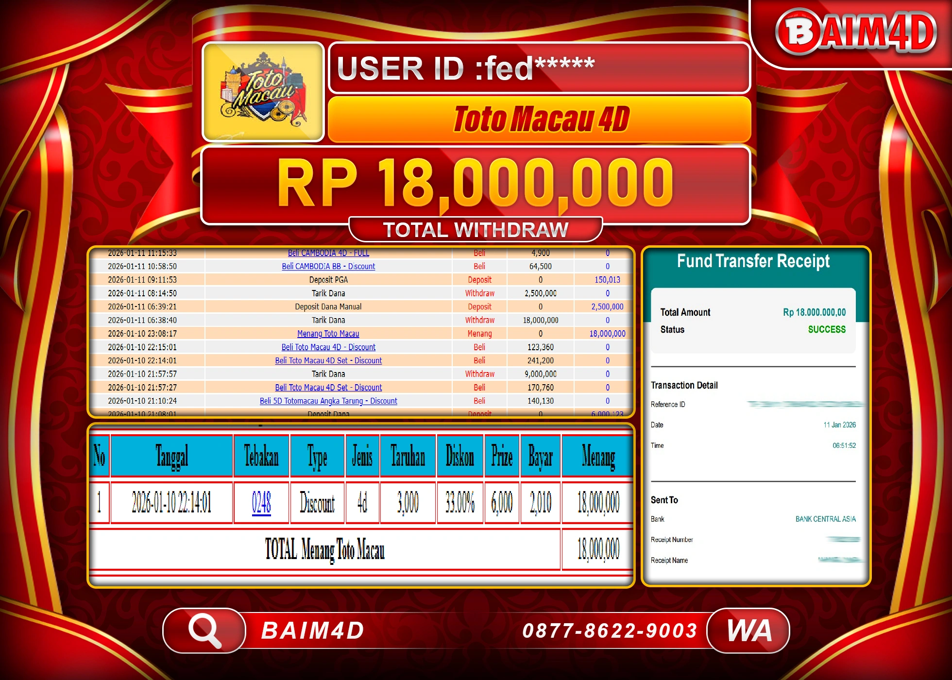 BAIM4D JACKPOT TOGEL TOTO MACAU 4D Rp.18,000,000 - LUNAS