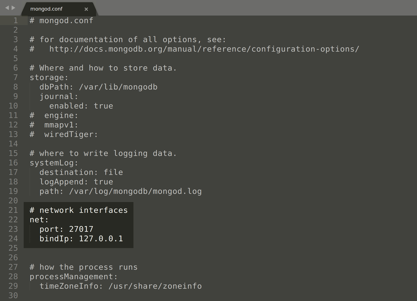 Screenshot of the mongod.conf configuration file in text editor