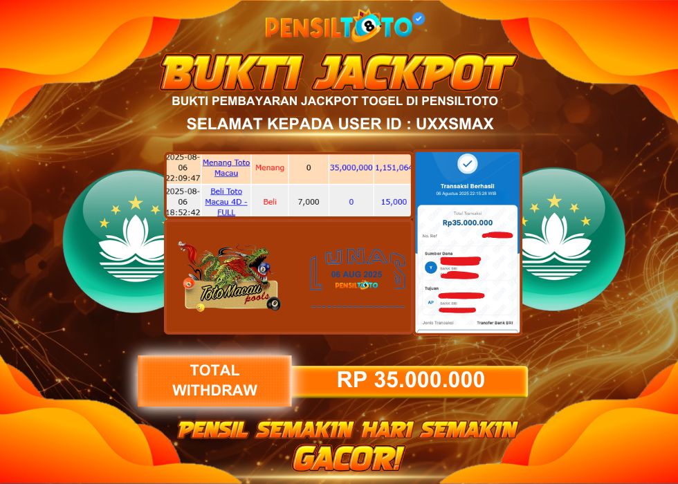 PENSILTOTO JACKPOT TOGEL TOTO MACAU 22  Rp.35.000.000,- LUNAS