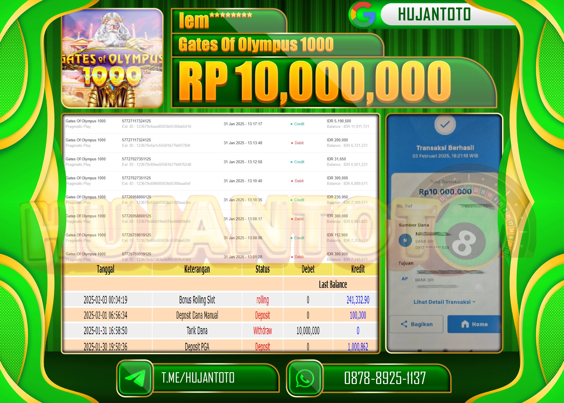 HUJANTOTO - BUKTI JACKPOT MENANG SLOT GATES OF OLYMPUS 1000, Rp,10,000,000 - TERBAYAR LUNAS