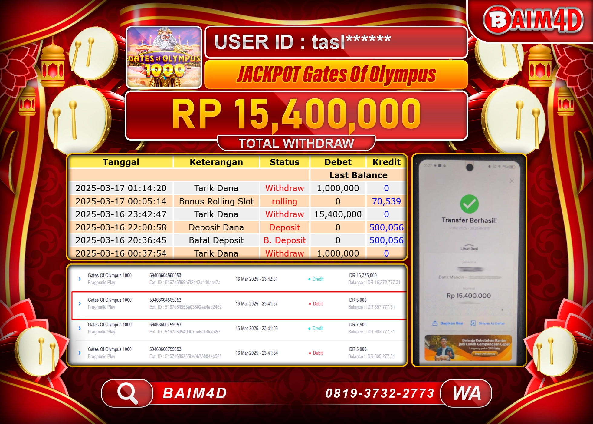 BAIM4D JACKPOT MENANG SLOT GATES OF OLYMPUS Rp.15.400,000.- LUNAS