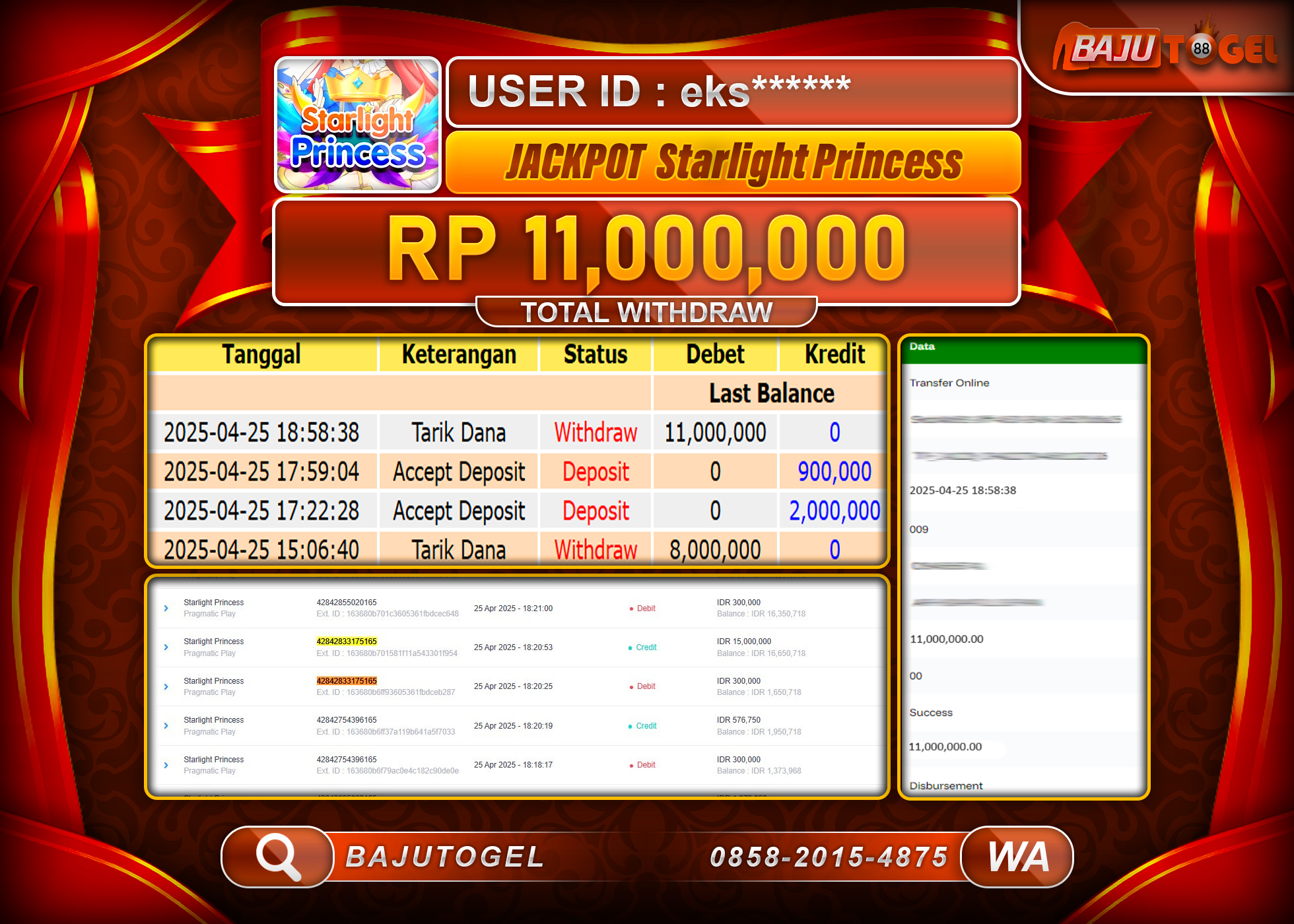 BAJUTOGEL KEMENANGAN STARLIGHT PRINCESS Rp.11.000.000 LUNAS