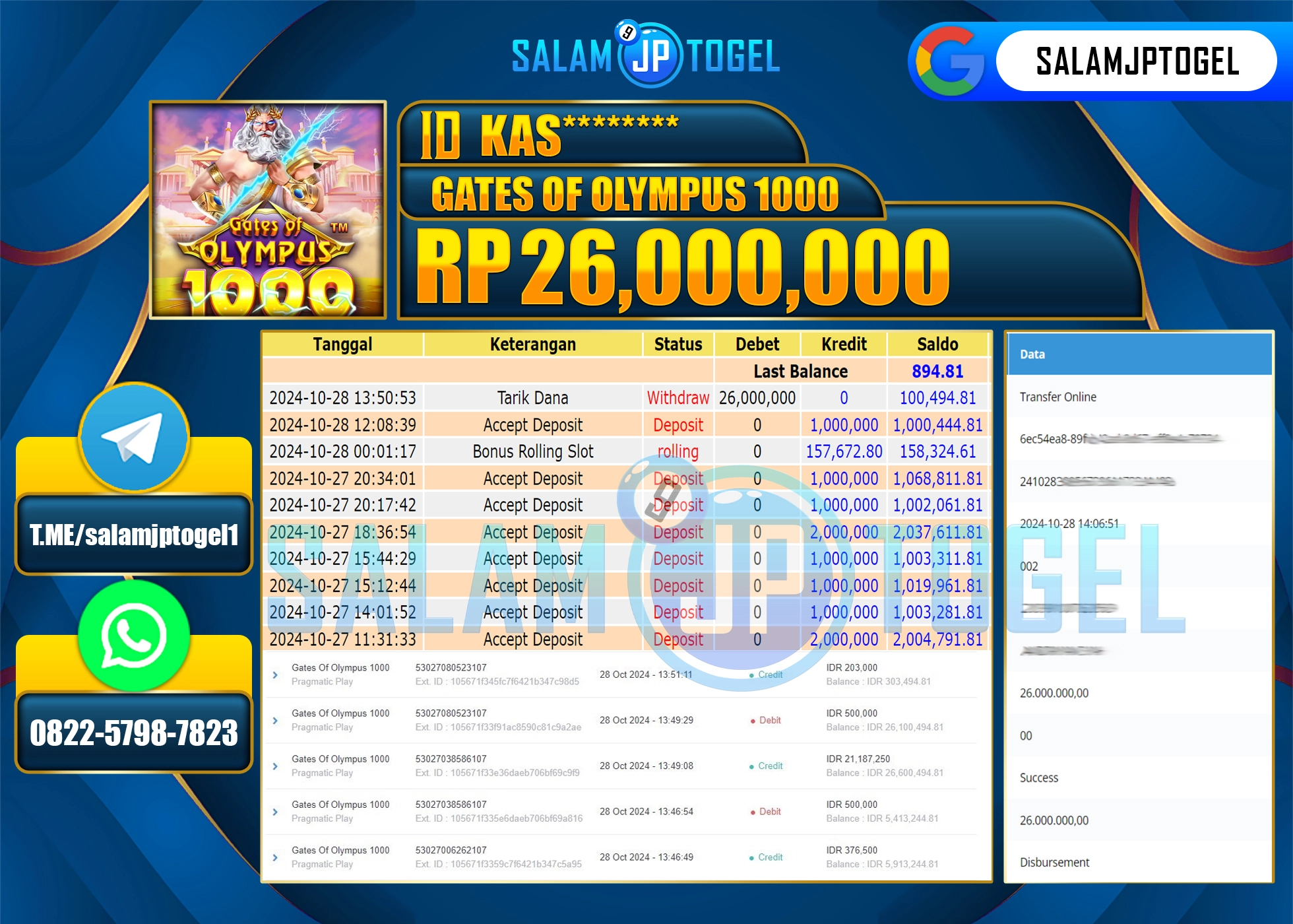 SALAMJPTOGEL MENANG GATES OF OLYMPUS 1000 RP. 26,000,000 LUNAS