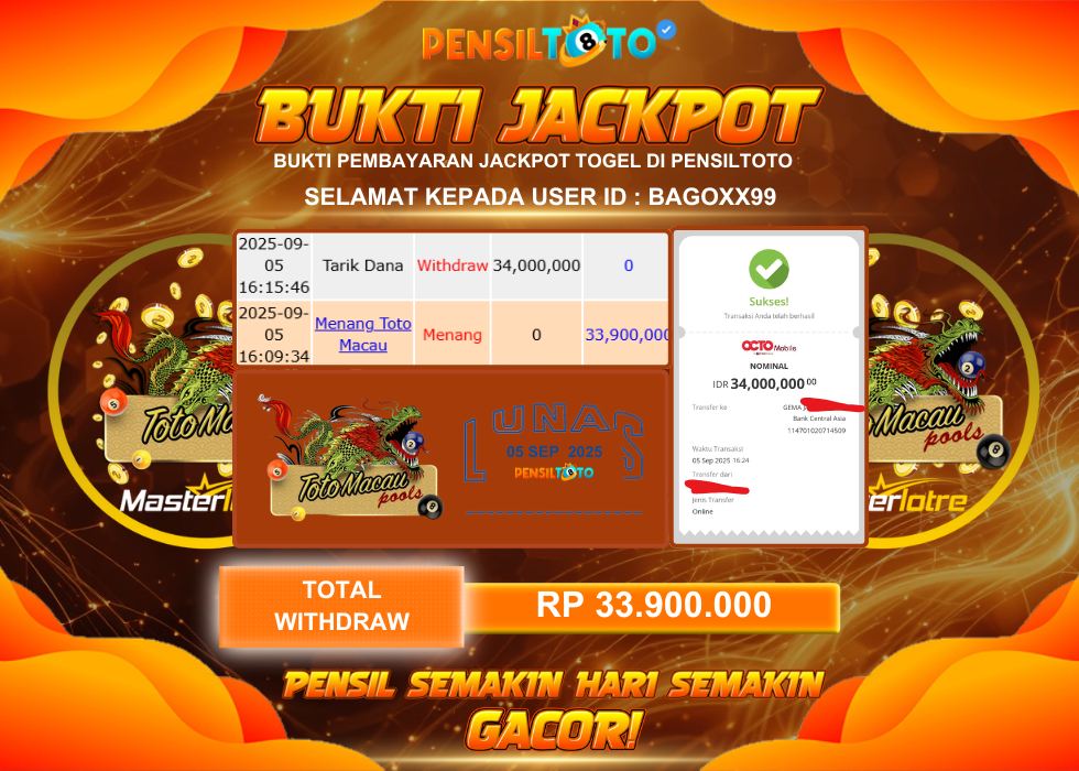PENSILTOTO JACKPOT TOGEL TOTO MACAU RP.33.900.000,- LUNAS