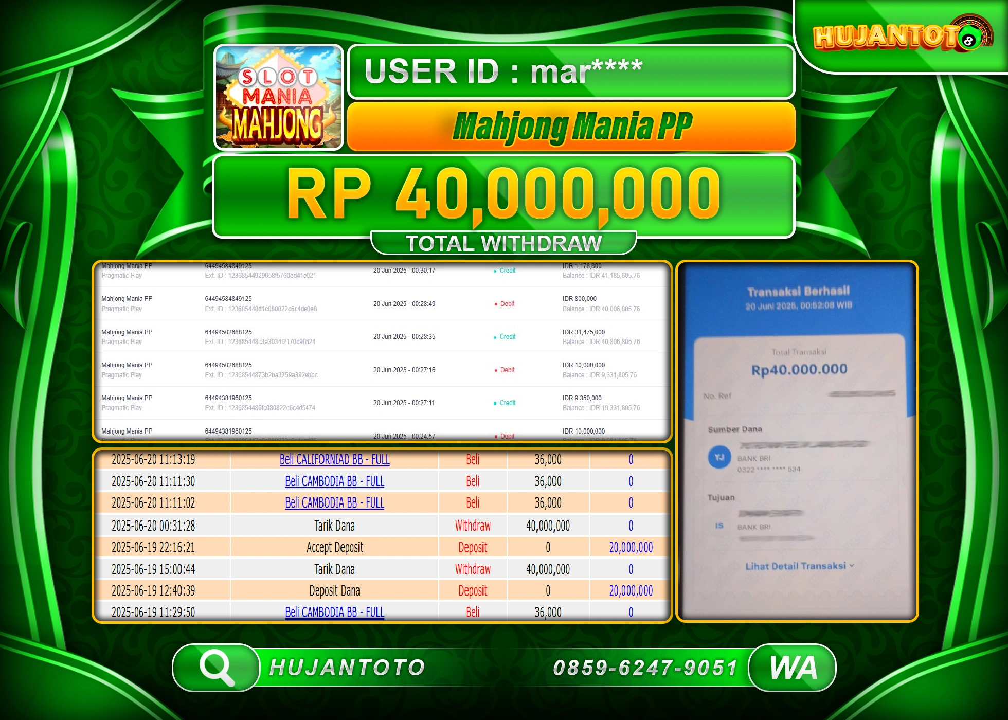 HUJANTOTO - BUKTI JACKPOT MENANG SLOT PRAGMATIC MAHJONG MANIA Rp.40,000,000 - TERBAYAR LUNAS