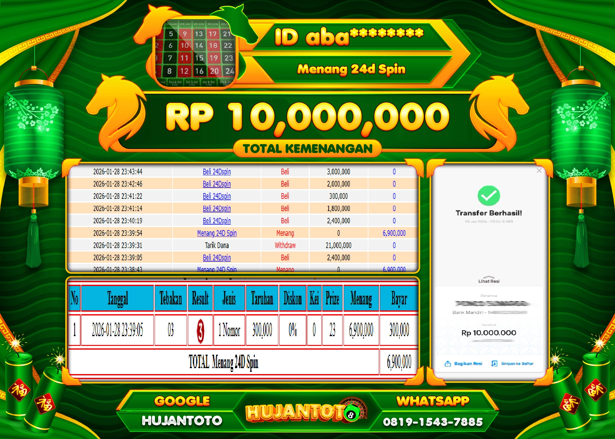 HUJANTOTO - BUKTI JACKPOT MENANG LIVEGAMES 24D SPIN Rp.10,000,000 - TERBAYAR LUNAS