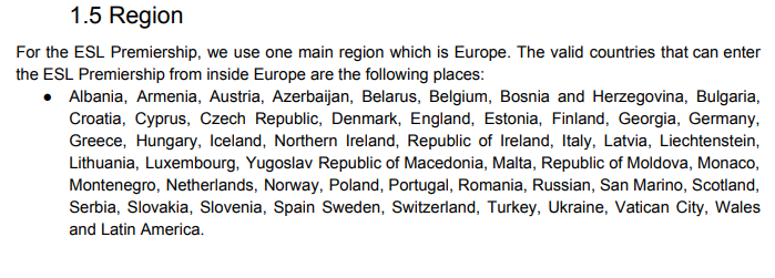 ESL Premiership Rulebook (v1.0.2) - Rule 1.5 Region