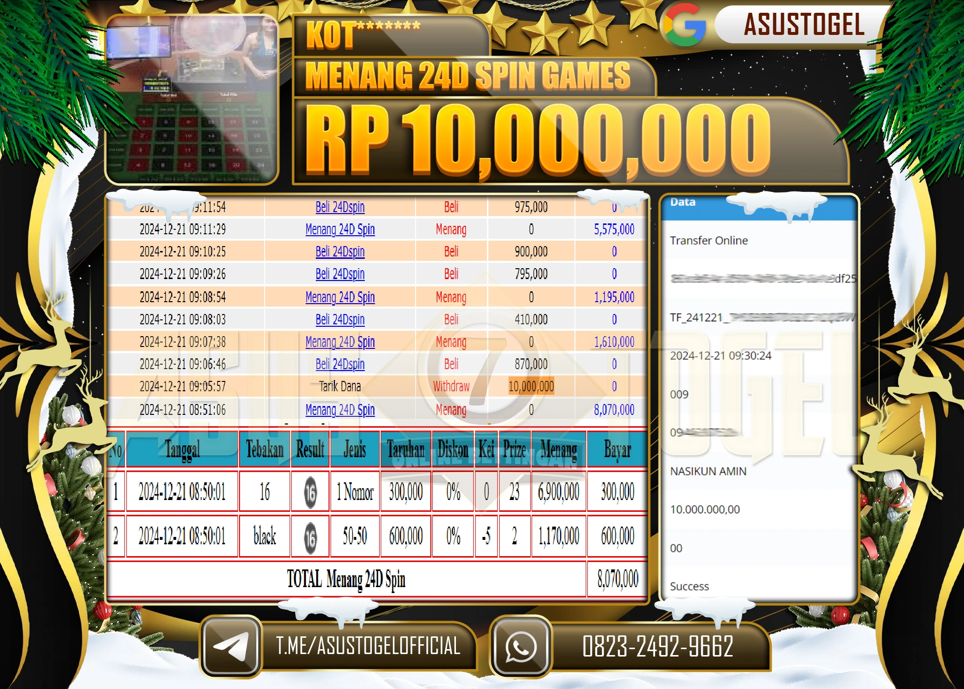 ASUSTOGEL KEMENANGAN DI LIVEGAME 2D SPIN GAMES 10,000,000- RUPIAH LUNAS