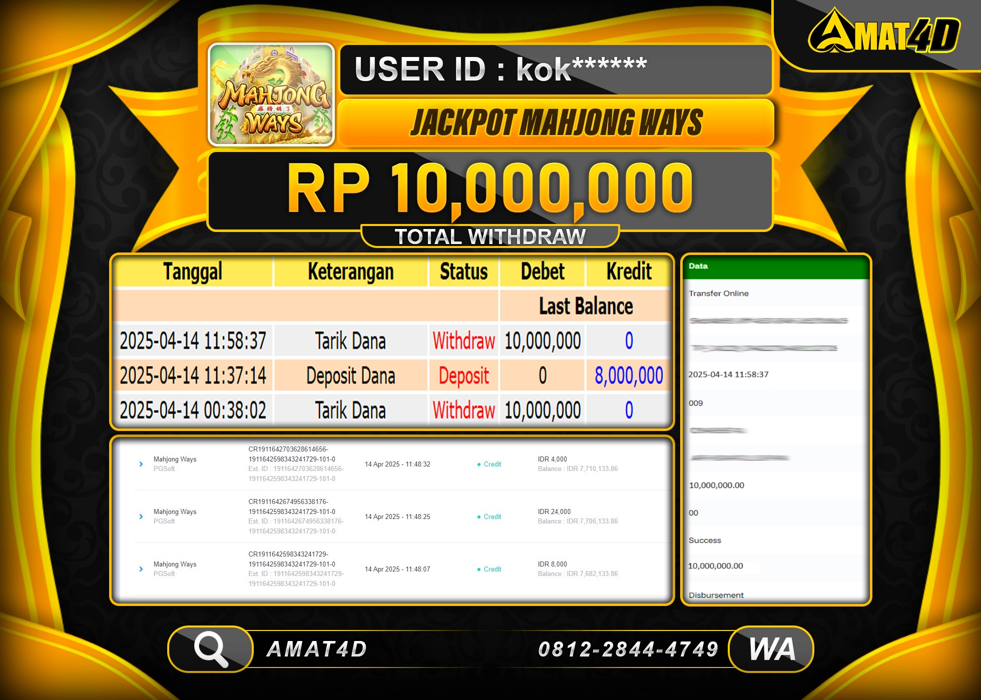 AMAT4D KEMENANGAN MAHJONG WAYS 4D Rp.10.000.000 BERHASIL TERBAYAR LUNAS