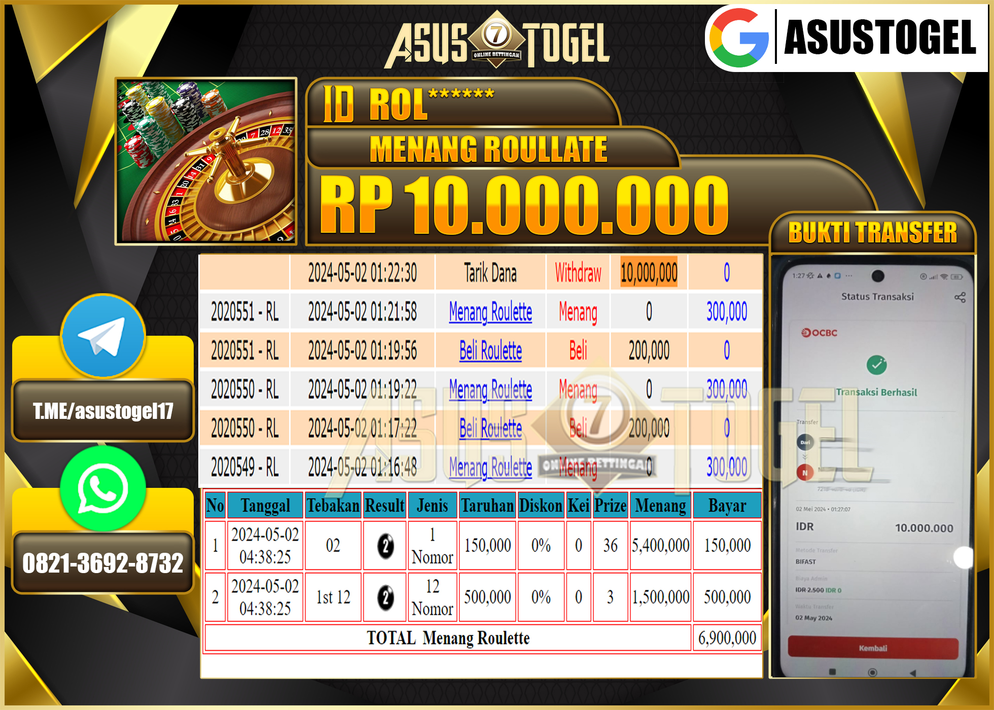 ASUSTOGEL MENANG GAMES ROULLATE 10.000.000- LUNAS