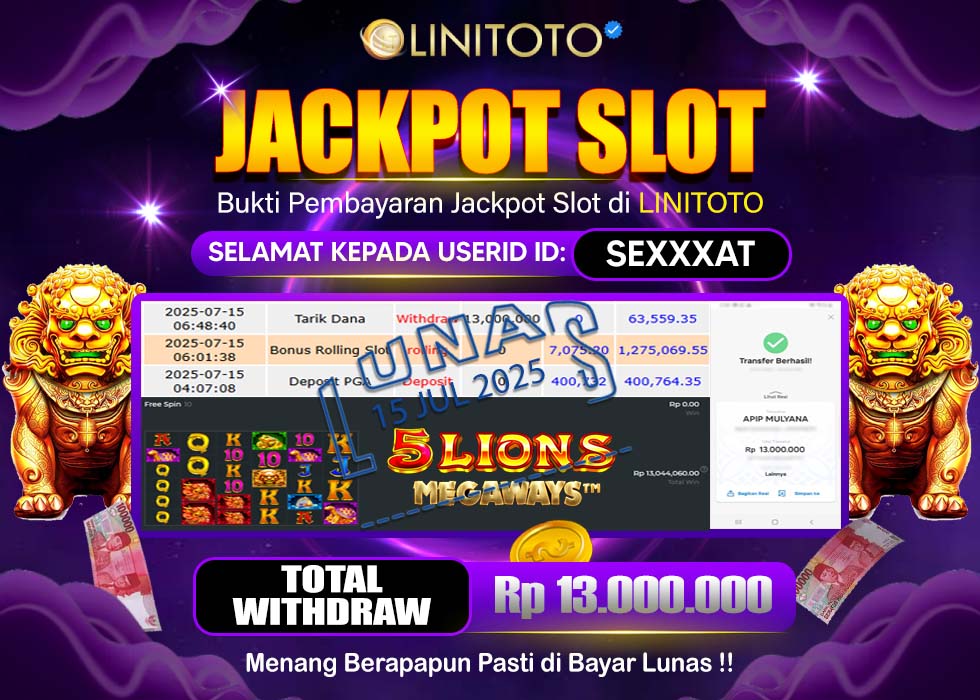 LINITOTO JACKPOT SLOT 5 LION MEGAWAYS Rp.13.000.000,- LUNAS