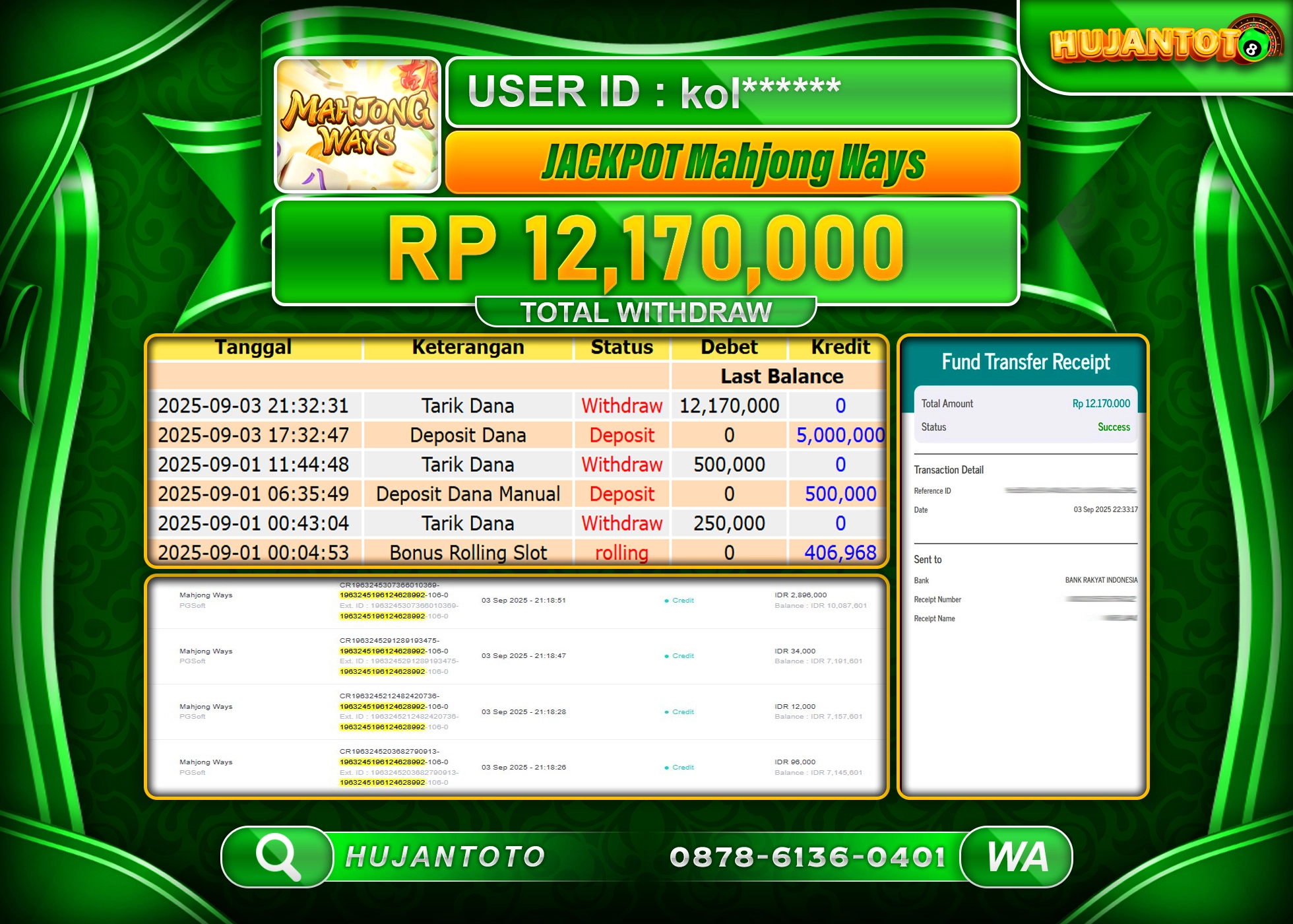 HUJANTOTO - BUKTI JACKPOT MENANG SLOT MAHJONG WAYS PG SOFT 1000 Rp.12,170,000 - TERBAYAR LUNAS