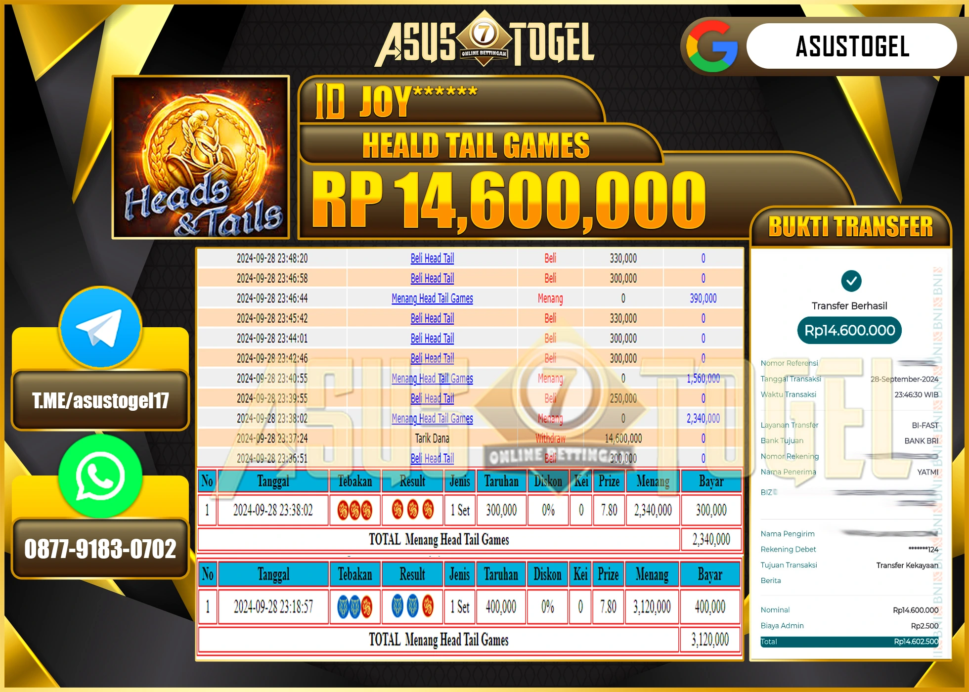 ASUSTOGEL KEMENANGAN  DI GAMES  MENANG HEAD TAIL GAMES  SEBESAR   14,600,000- RUPIAH LUNAS