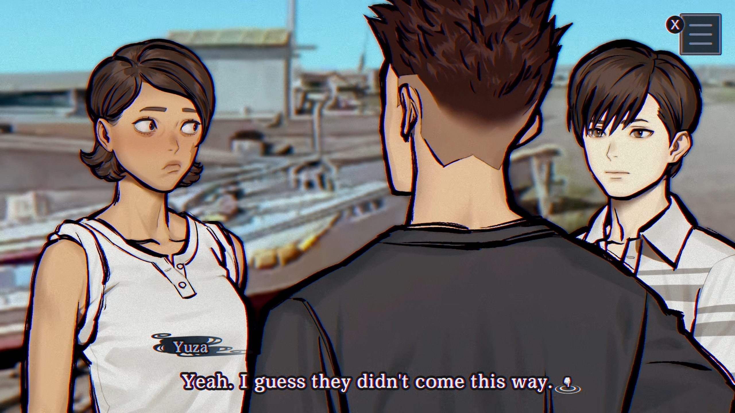 Yuza and Azami are talking to Kikuko. She is blushing while thinking about the foreigners that arrived in Kageshima.