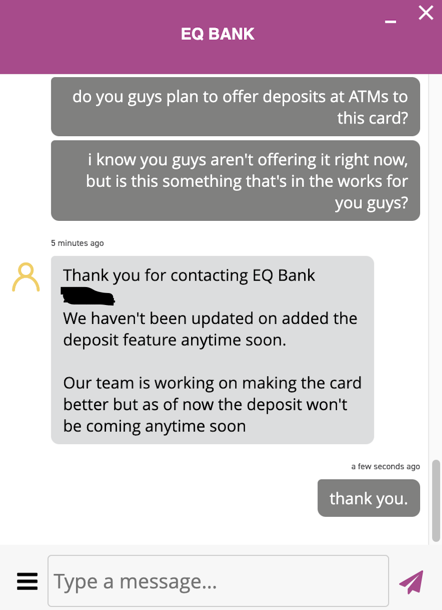 Can you deposit money at ATMs with EQ Bank Card? Or only withdrawals