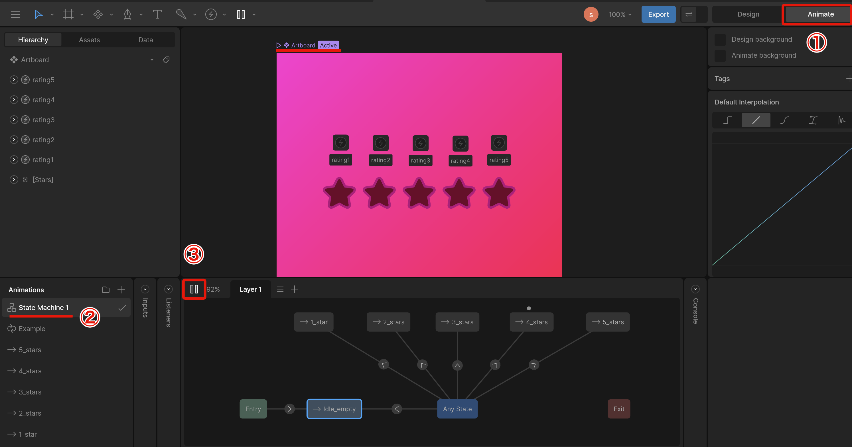 Rive Editor Animateタブ