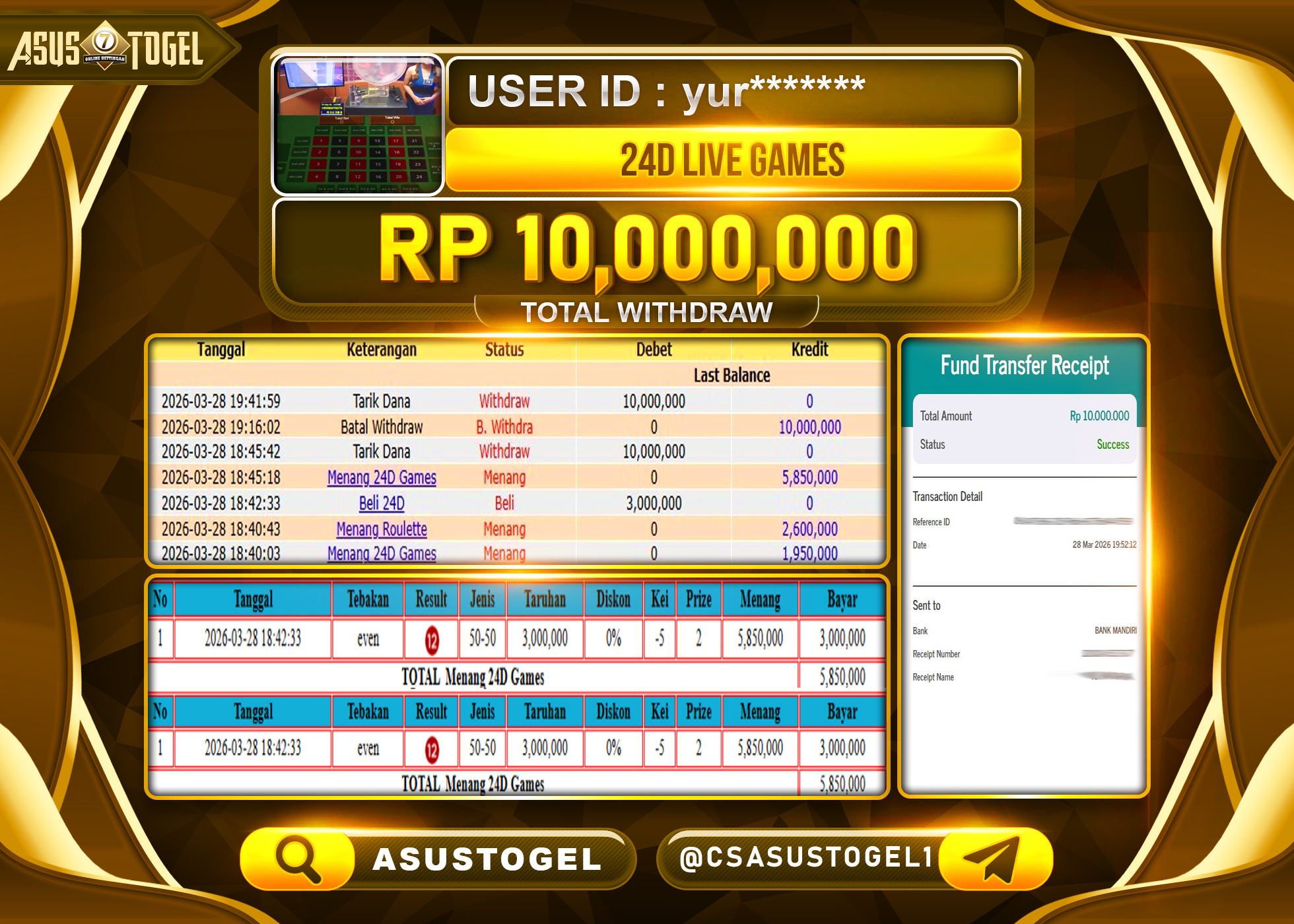 ASUSTOGEL KEMENANGAN JACKPOT DI LIVE GAMES 24 D  SPIN PRAGMATIC PLAY Rp.10,000,000 - RUPIAH LUNAS