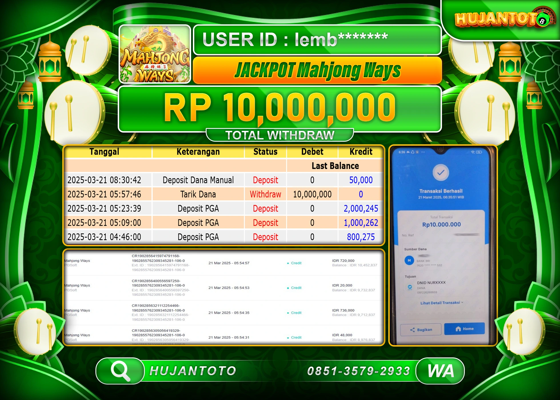 HUJANTOTO - BUKTI JACKPOT MENANG SLOT MAHJONG WAYS Rp,10,000,000 - TERBAYAR LUNAS