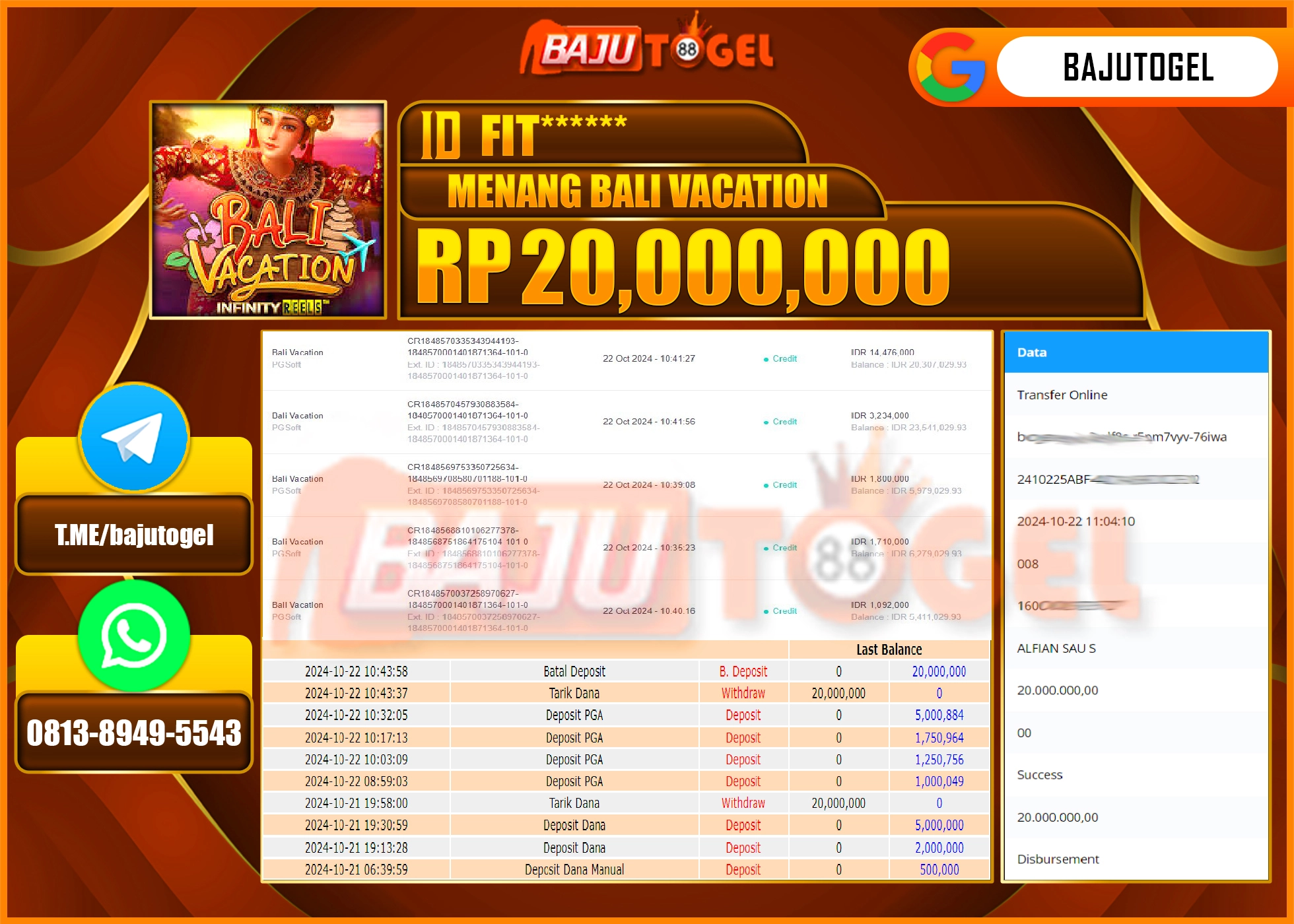 BAJUTOGEL JACKPOT SLOT BALI VACATION Rp.20.000.000 LUNAS