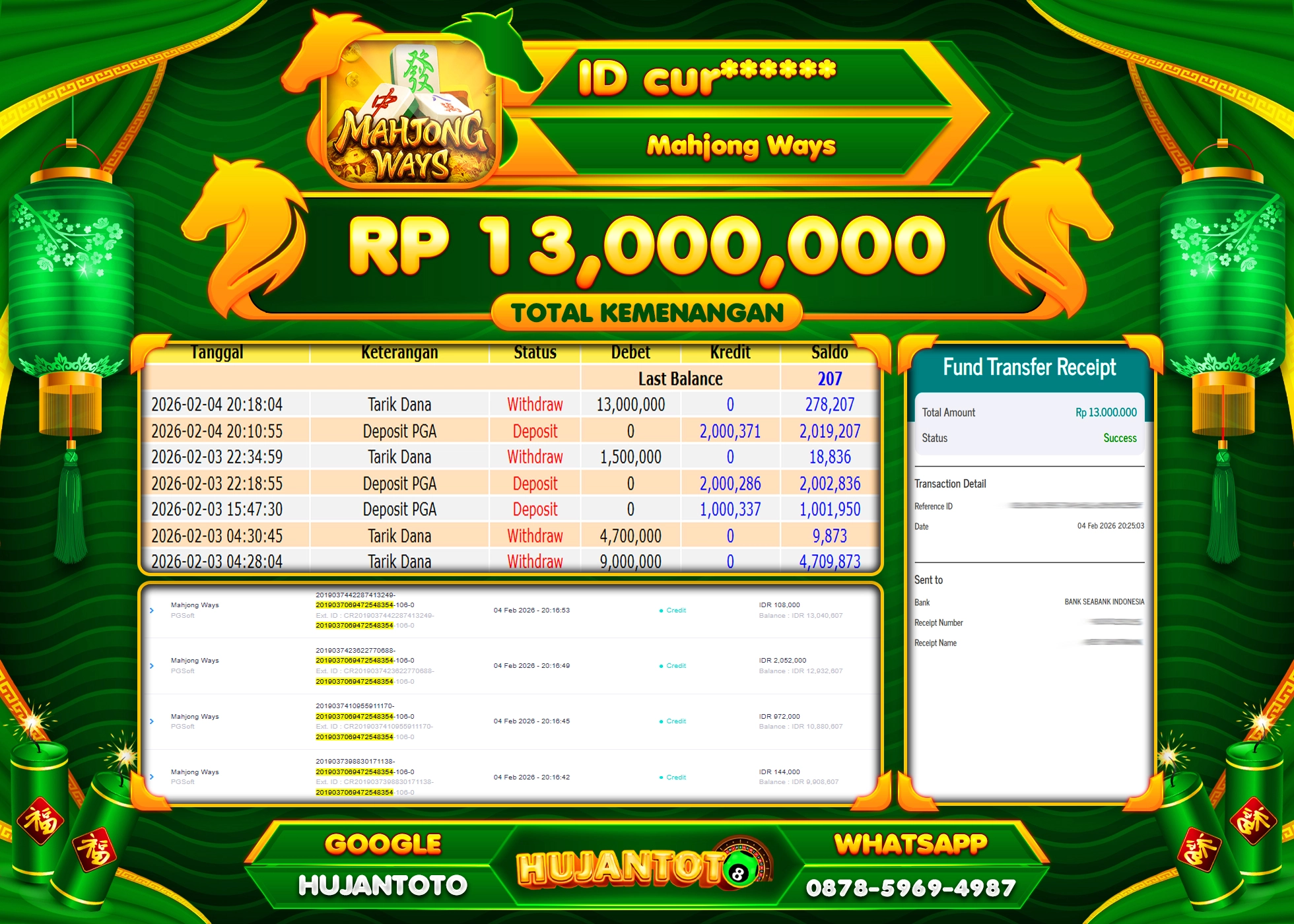 HUJANTOTO - BUKTI JACKPOT MENANG SLOT MAHJONG WAYS Rp.13,000,000 - TERBAYAR LUNAS