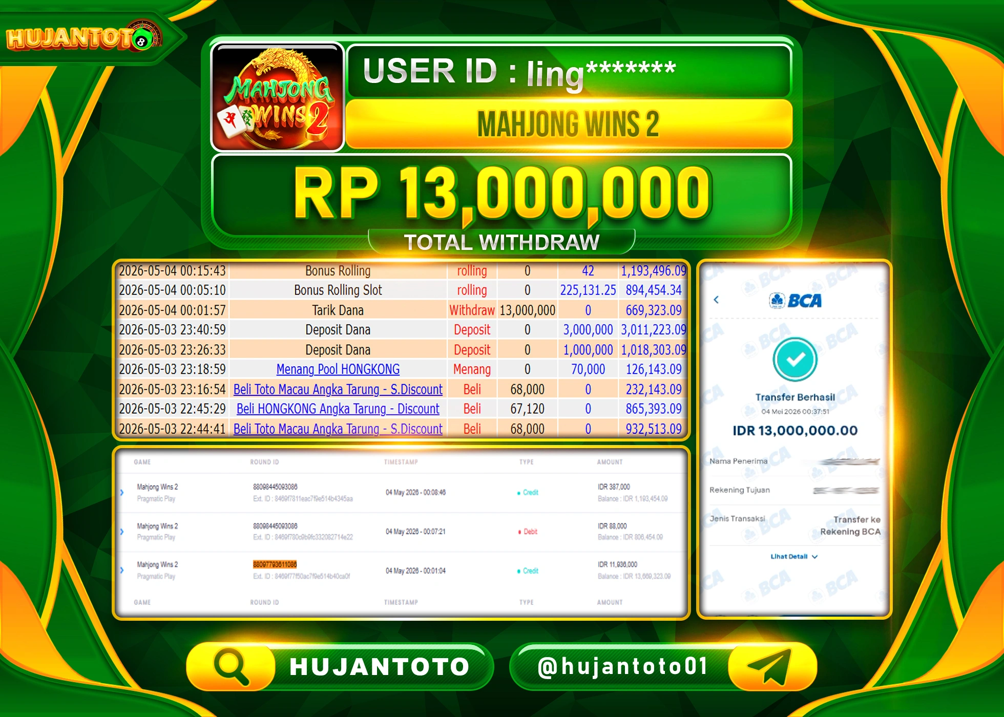 HUJANTOTO - BUKTI JACKPOT MENANG SLOT MAHJONG WINS 2 Rp.13,000,000 - TERBAYAR LUNAS