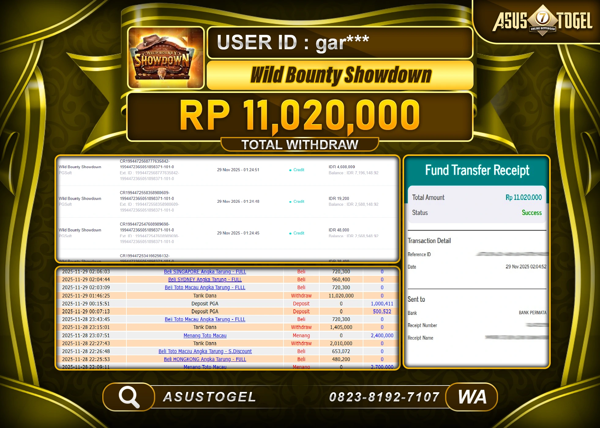 ASUSTOGEL KEMENANGAN DI SLOT WILD BOUNTY SHOWDOWN SEBESAR 11,020,000 - RUPIAH LUNAS