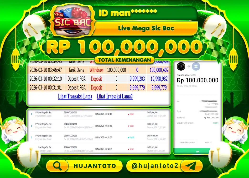 HUJANTOTO - BUKTI JACKPOT MENANG LIVE GAME MEGA SIC BAC Rp.100,000,000 - TERBAYAR LUNAS